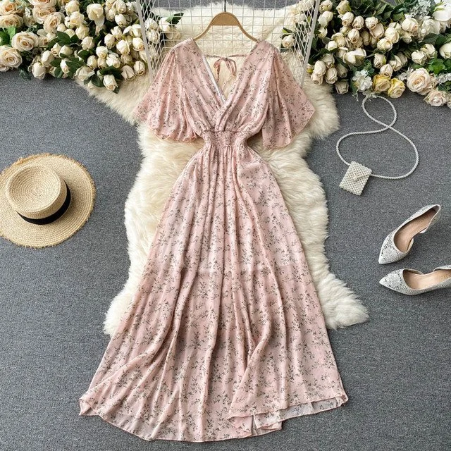 2019 korean womens chiffon dress 2023 Beach Floral Chiffon Midi Dress Women Luxury Elegant Spring Summer  Korean Fashion Casual Bodycon Party Evening Long Dresses