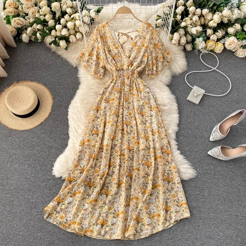 ★韓国人気★I AM MARI★COTIA FLOWER SHIRRING DRESS SINGREINY Women Chiffon Floral Long Dress Korean V Neck