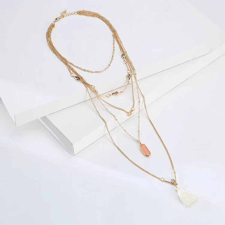 Fashion Sweater Chain BOHO Crystal Cotton Tassel Necklace Multi layer