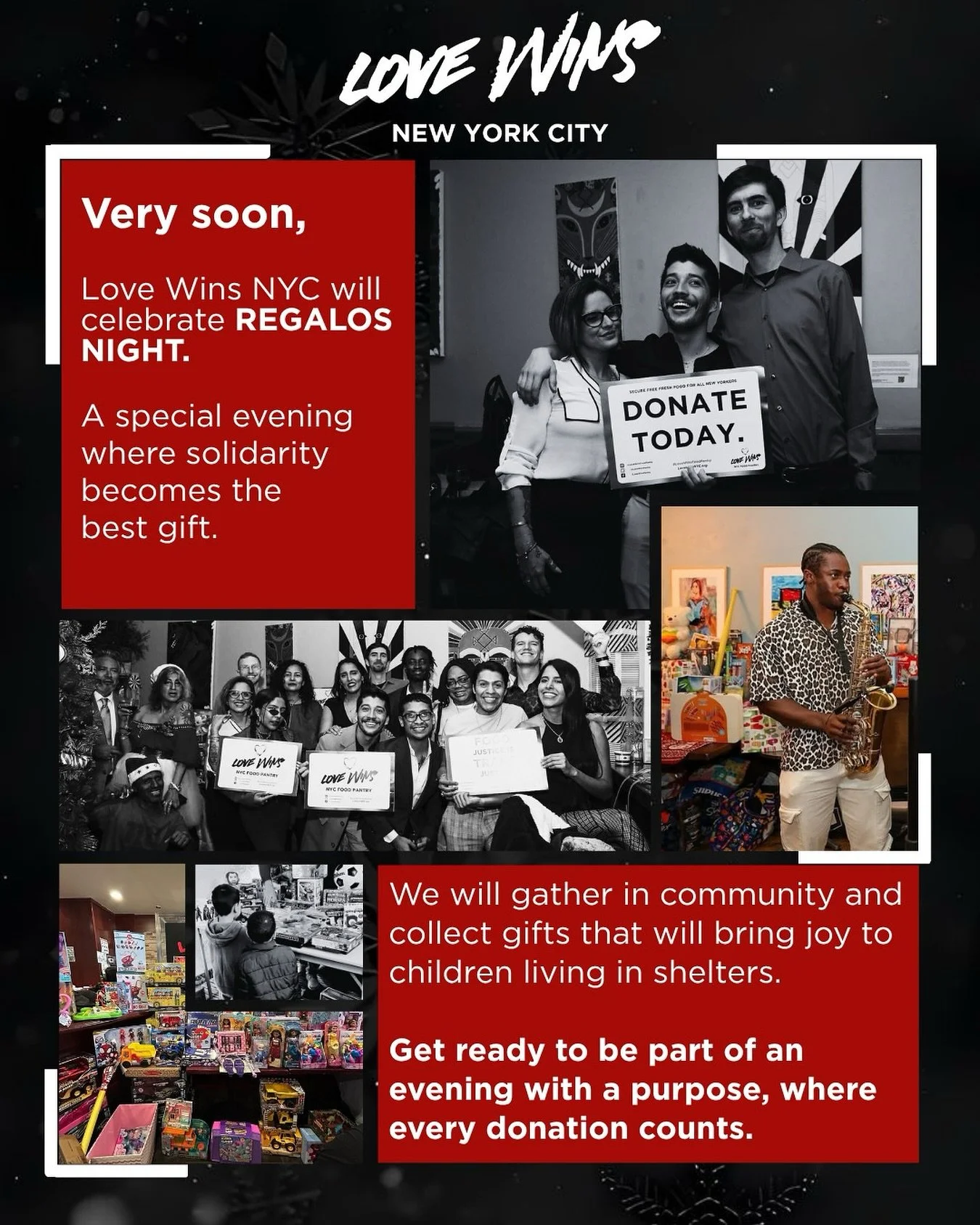 🎄This December, we invite you to be part of Regalos Night 2025, an evening where love, unity, and generosity become the greatest gift. 🎁❤️
SAVE THE DATE
12.06.2025
More details coming soon.