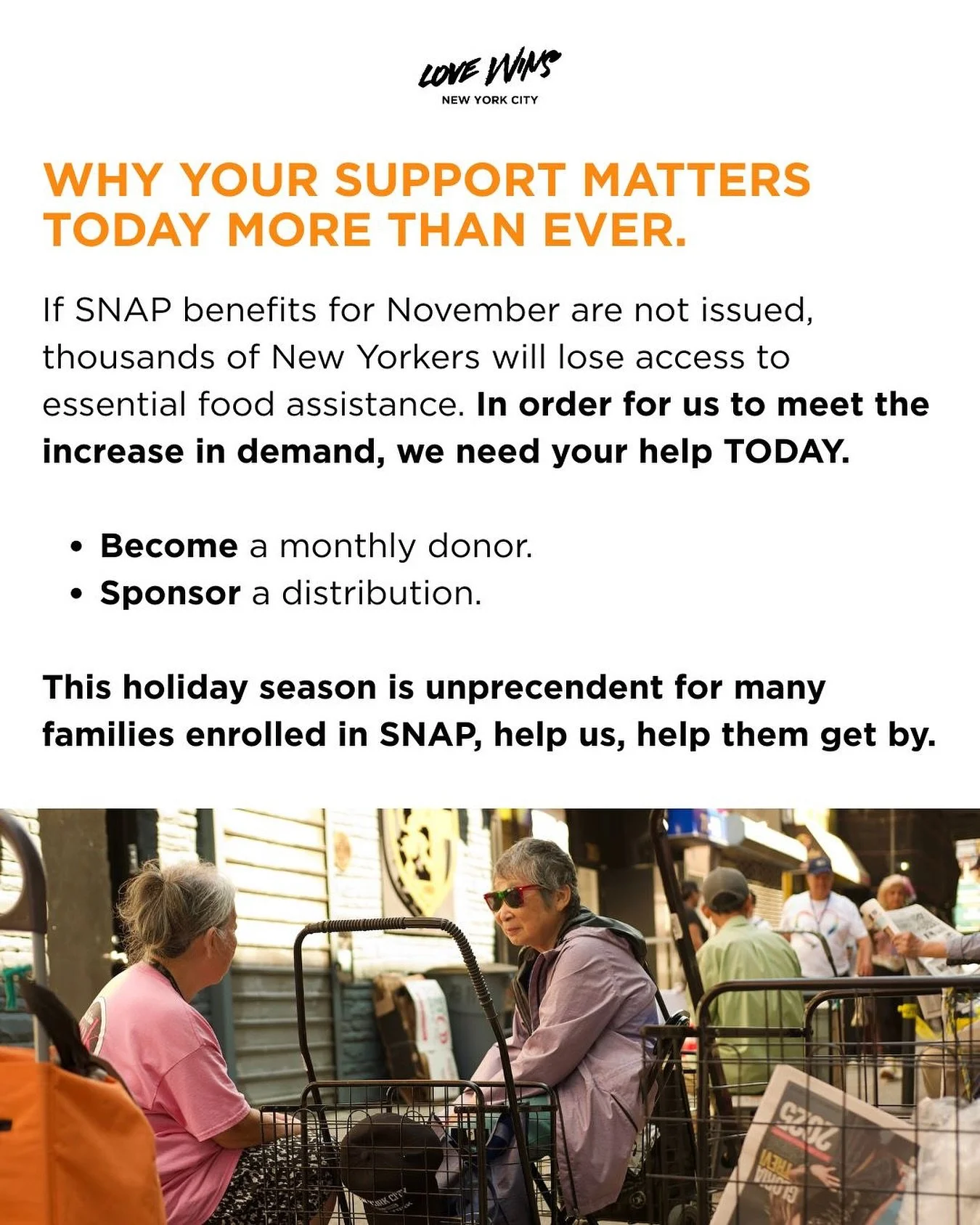 Fear of not having enough to eat is not new to our community. This November, we need your support to respond to the projected need affecting thousands of low-income New Yorkers. If the federal shutdown continues past October 31, 2025, thousands of Ne