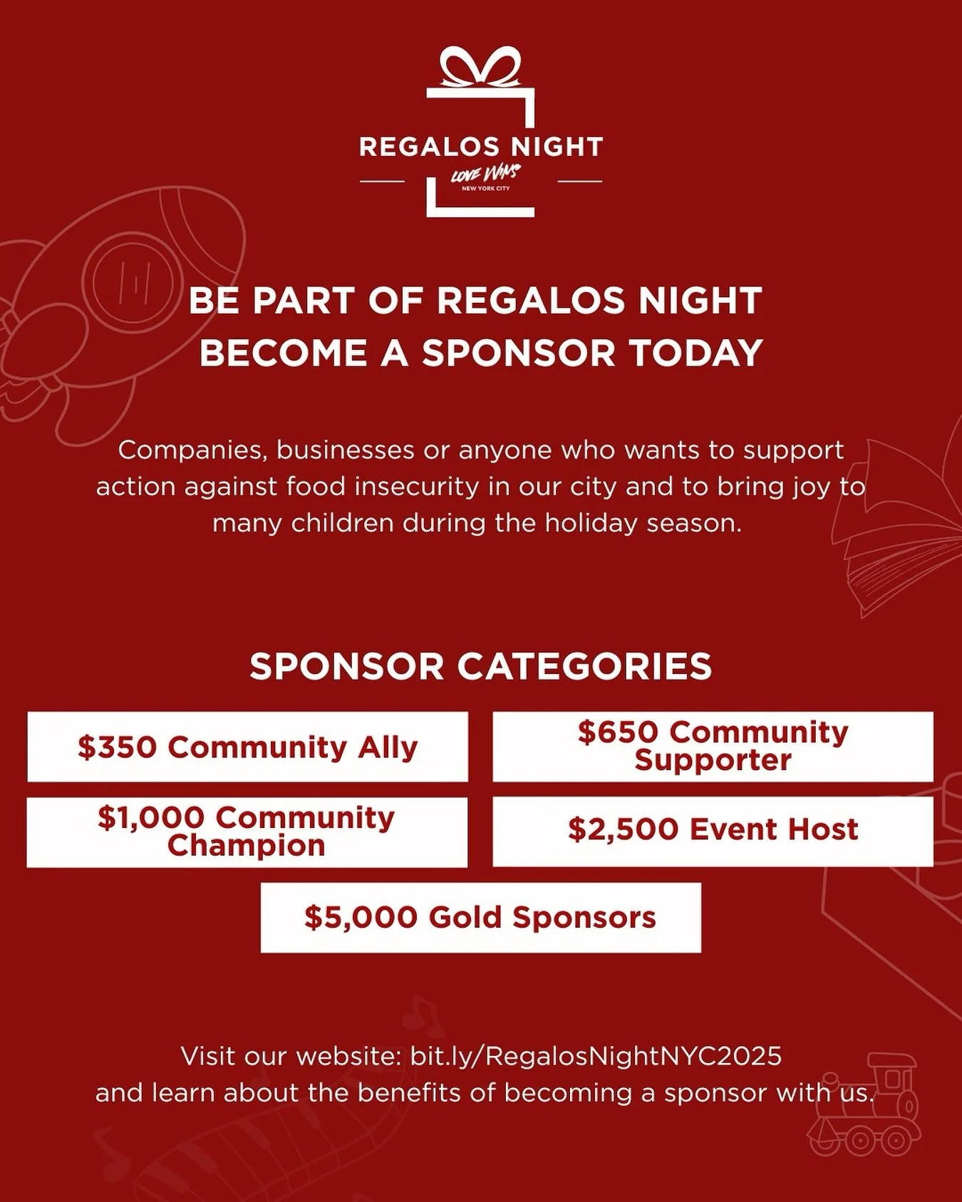 Become a Sponsor Today! ❤️

Each year, this event brings together neighbors, partners, and supporters to raise funds for our for our organization while collecting gifts for children living in shelters in Queens.

December 6th, 2025
The Queensboro
80-