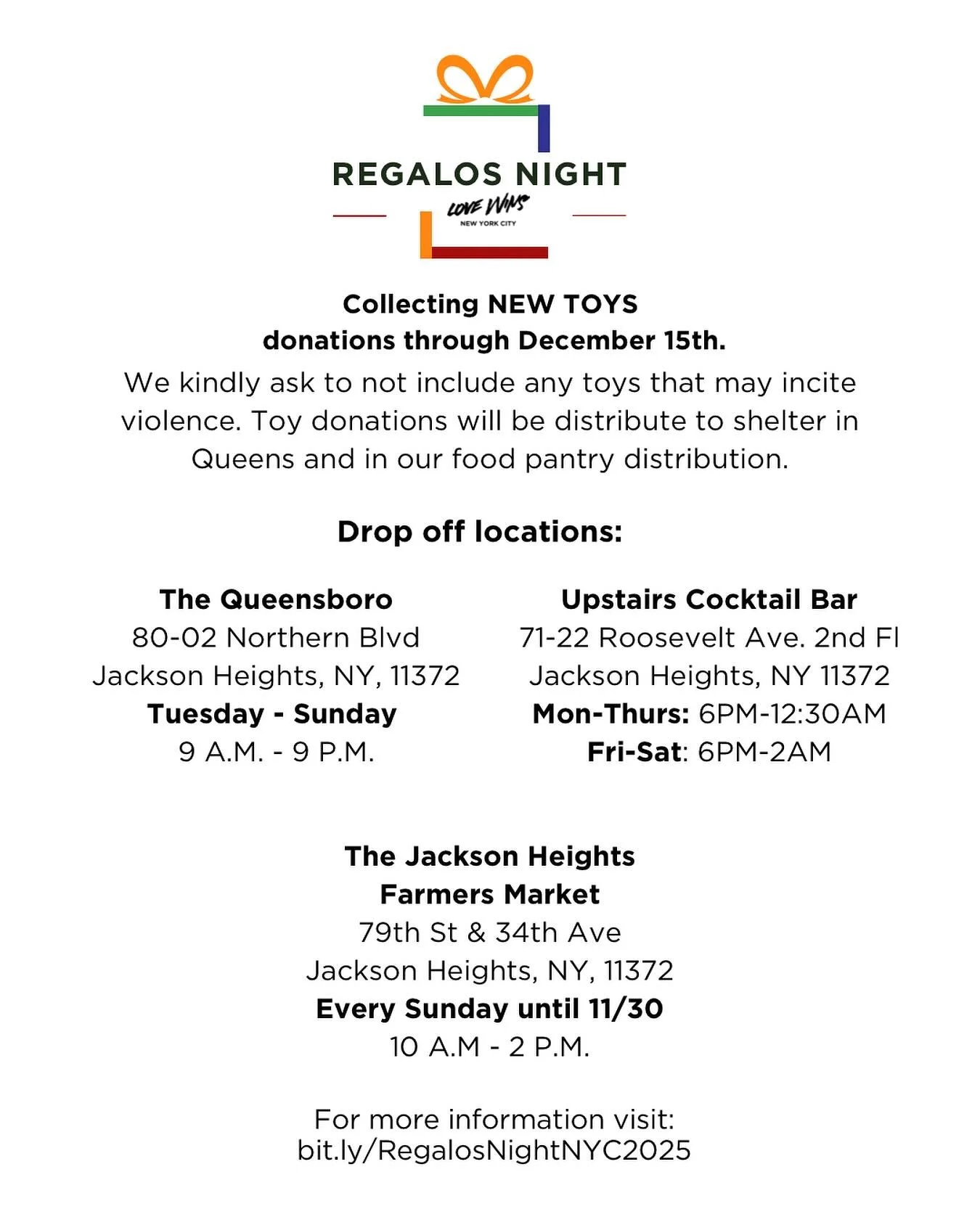 REGALOS NIGHT is special for many reasons. Being able to bring joy to children during the holiday season is just one of them. Don&rsquo;t miss out the opportunity to join us! Here is our drop off locations across Jackson Heights. 

#regalosnightnyc #