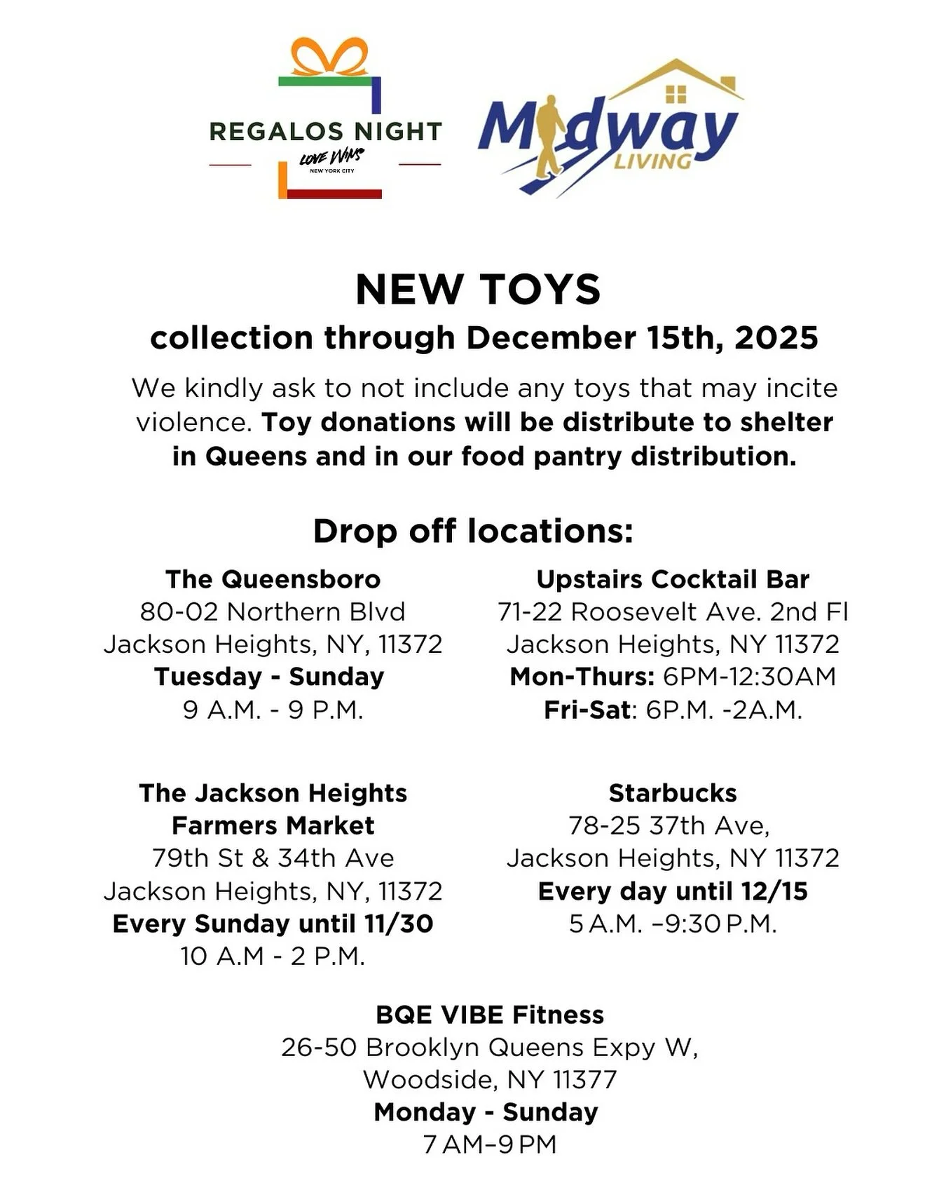 🎁REGALOS NIGHT is special for many reasons. Being able to bring joy to children during the holiday season is just one of them. Don&rsquo;t miss out the opportunity to join us! Here is our drop off locations across Jackson Heights. 

#regalosnightnyc