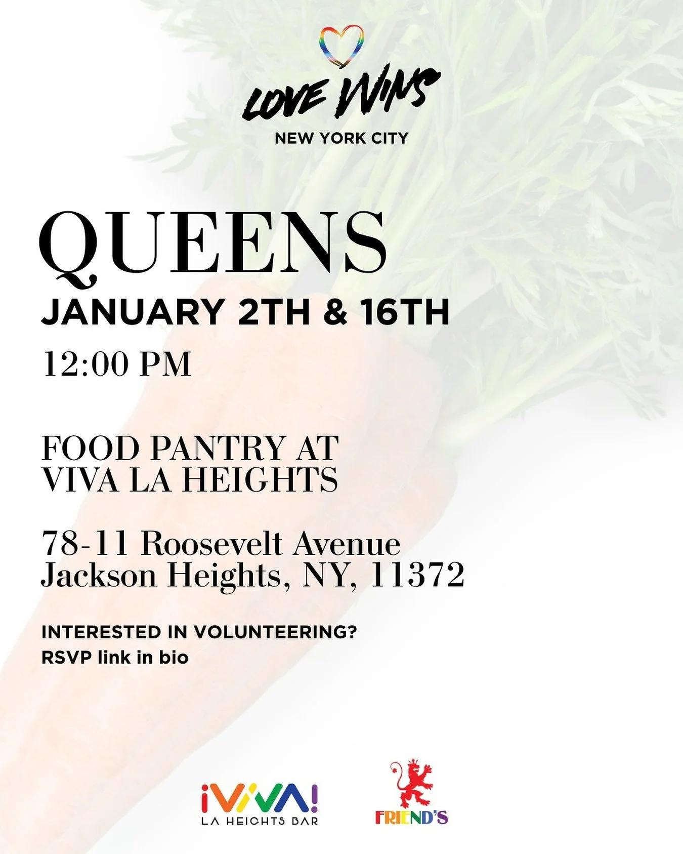📍QUEENS
In 2016, Love Wins NYC continues to be committed to the neighbors who access our services. Please share this information and let&rsquo;s continue taking care of each other. 🌈
