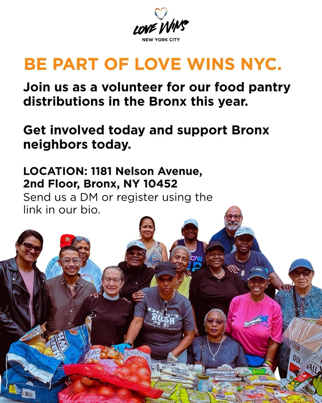 Volunteering with Love Wins NYC allows you to contribute to community well-being, strengthen teamwork skills, and be part of an organization committed to fight food insecurity across New York City. 🌈🤝

Write to us to join our volunteer team. 🫶🏻