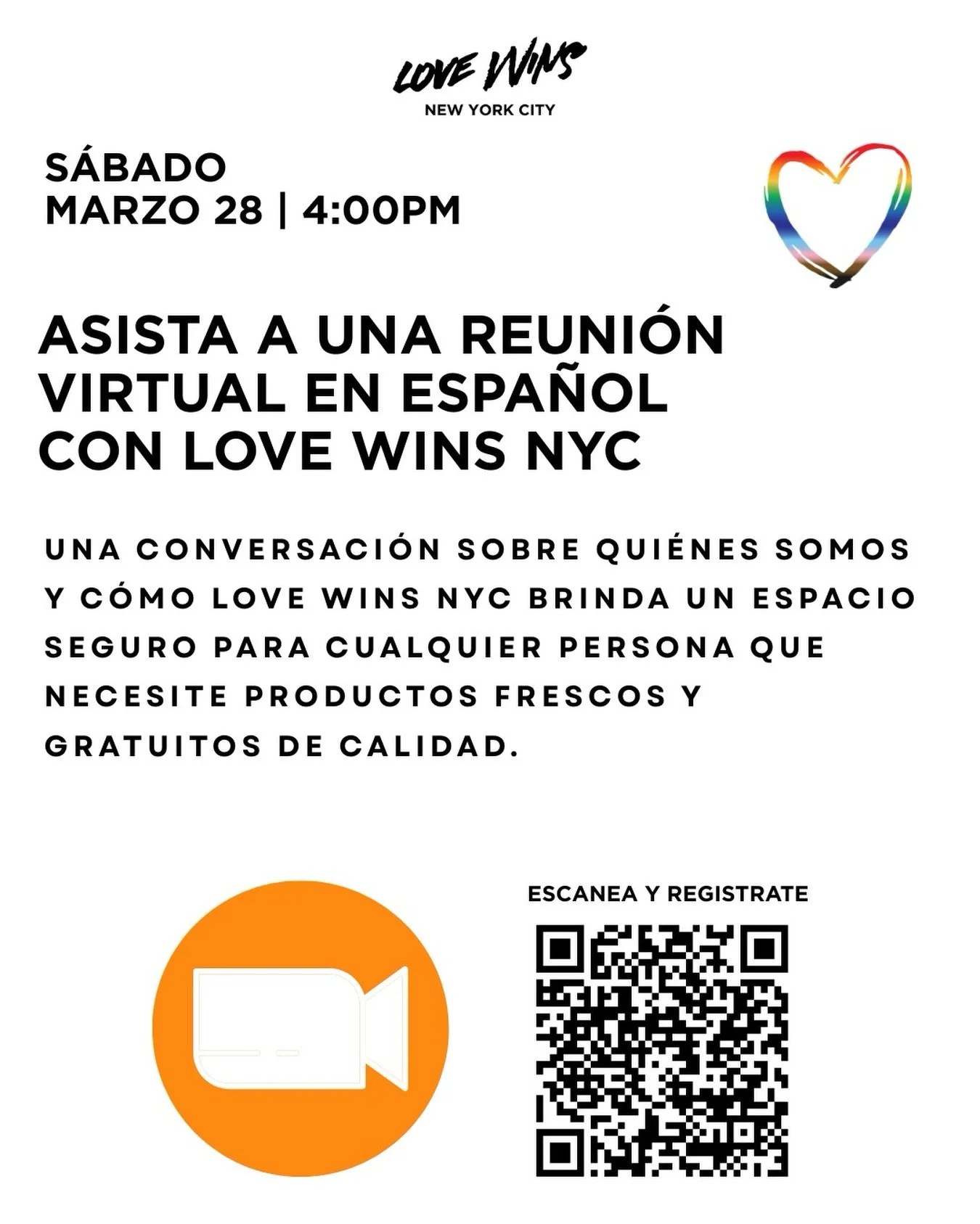 Te invitamos a participar en una reuni&oacute;n virtual, en espa&ntilde;ol con Love Wins NYC: una oportunidad para conectar y aprender m&aacute;s sobre nuestro trabajo comunitario.🤝

Te animamos a participar. Confirma tu asistencia hoy mismo.✅
