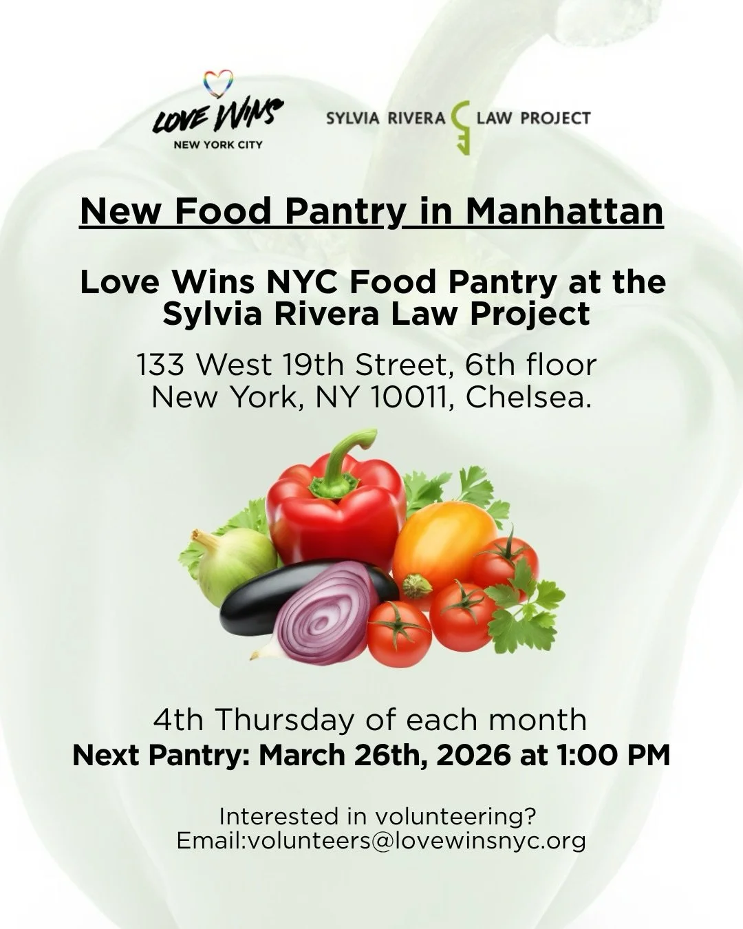 New Food Pantry in 📍Chelsea! ❤️🫑🍅🧄🧅

We are excited for partnering with @sylviariveralawproject to support those facing food insecurity in the area 👥💚.

If you would like to be part of Love Wins NYC as a volunteer please email us at: volunteer