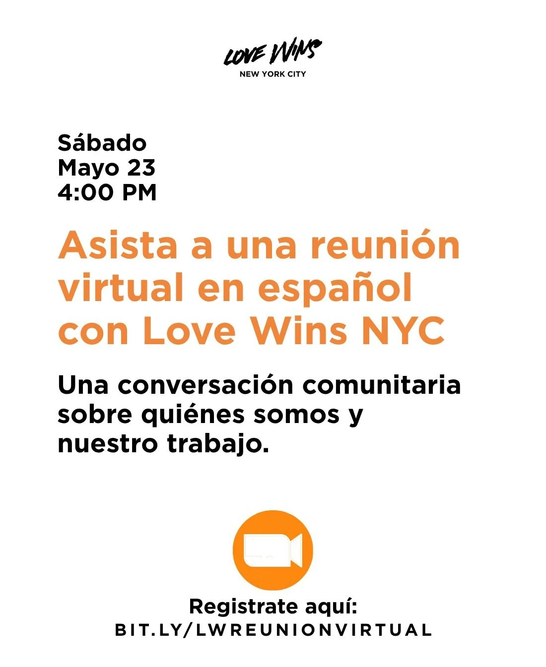 We invite you to a virtual meeting to get to know each other, share experiences, and learn more about what we do at Love Wins NYC💖.

Register using one of our links.
