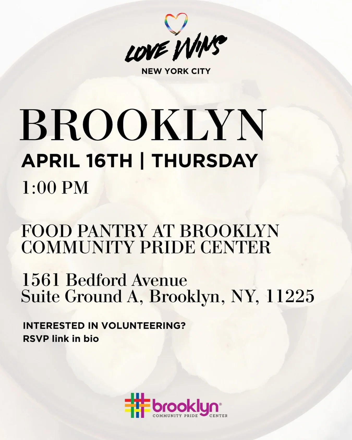 📍BROOKLYN  The dates of our next pantry distribution are now available✅.

We invite you to join us and share widely. 

If you want to contribute your time and energy, we invite you to join as a volunteer, send us a DM or enter the link in the bio