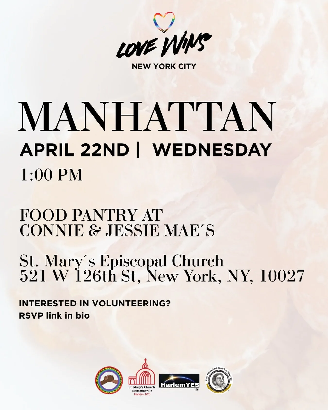 📍MANHATTAN  The dates of our next pantry distribution are now available✅.

We invite you to join us and share widely. 

If you want to contribute your time and energy, we invite you to join as a volunteer, send us a DM or enter the link in the bio