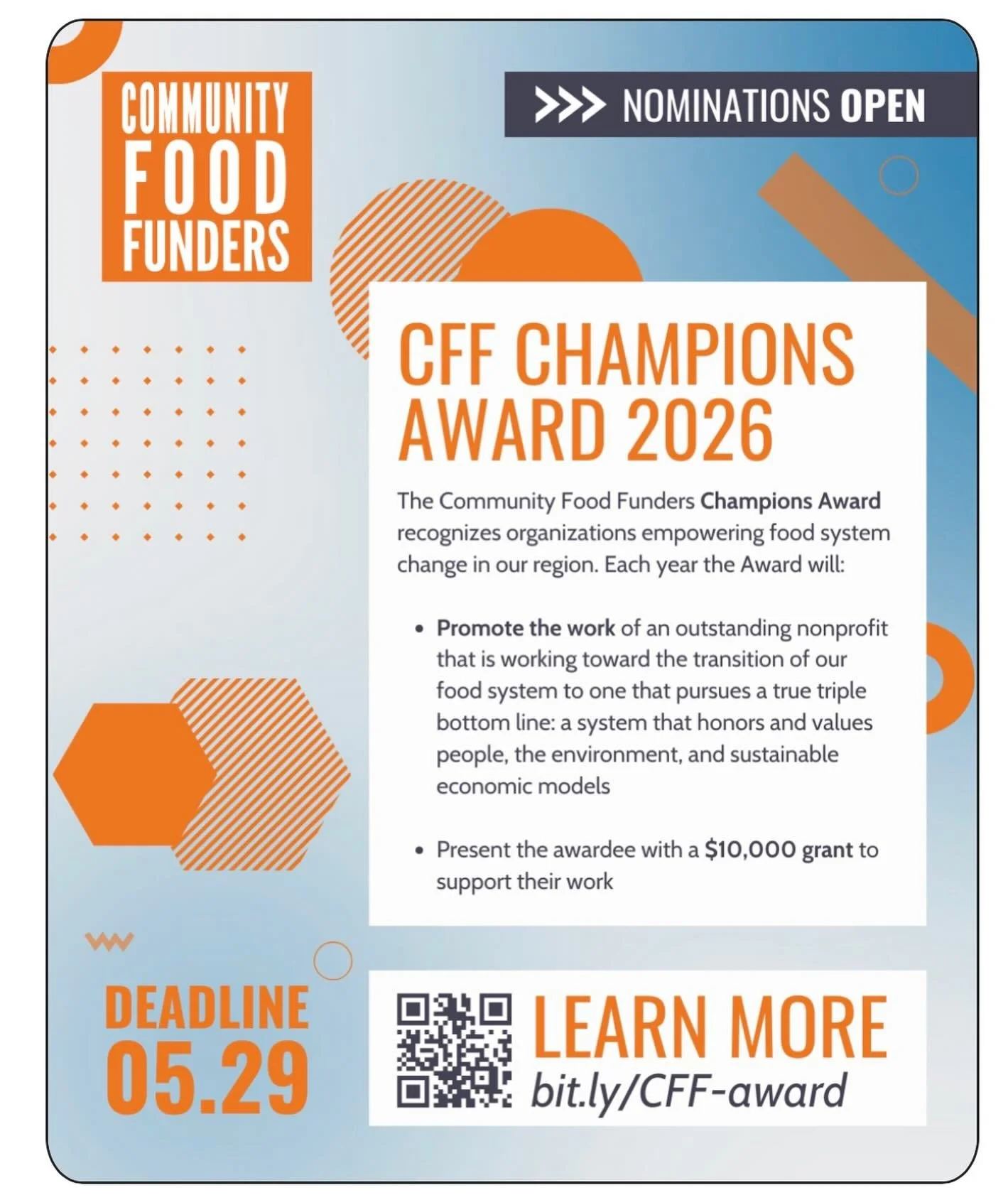 &hearts;️🫶🏼Take sometime to nominate us! The Community Food Funders Champions Award recognizes the organizations empowering food system change in our region. 

Nominations may come from anyone, and organizations are allowed to nominate themselves. 