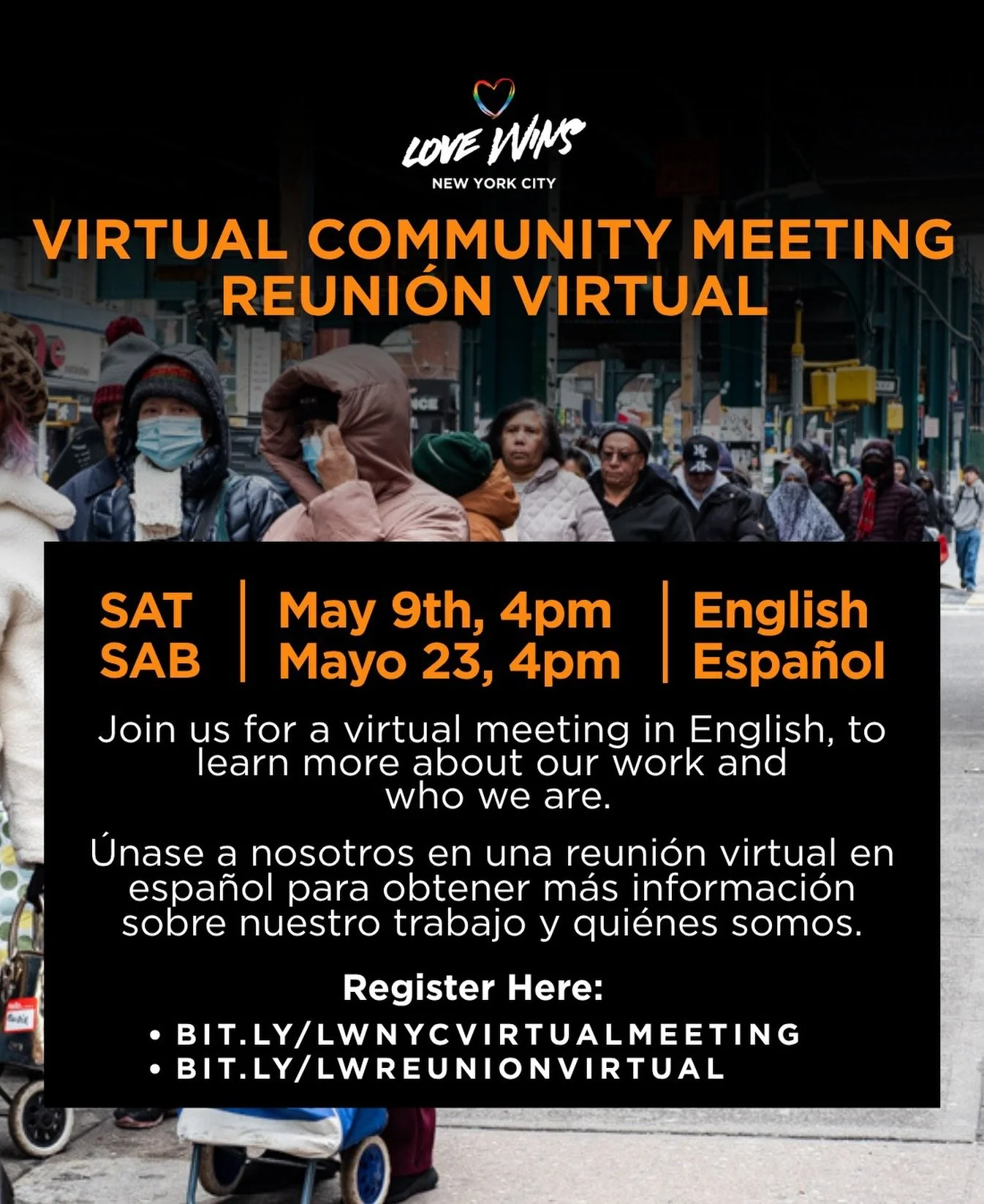 We invite all members of our community who attend our different food pantries to join a virtual meeting, this Saturday, May 9 (English) or Saturday, May 23 (Spanish). We will share updates and share more about our work 🧡🧡🧡.