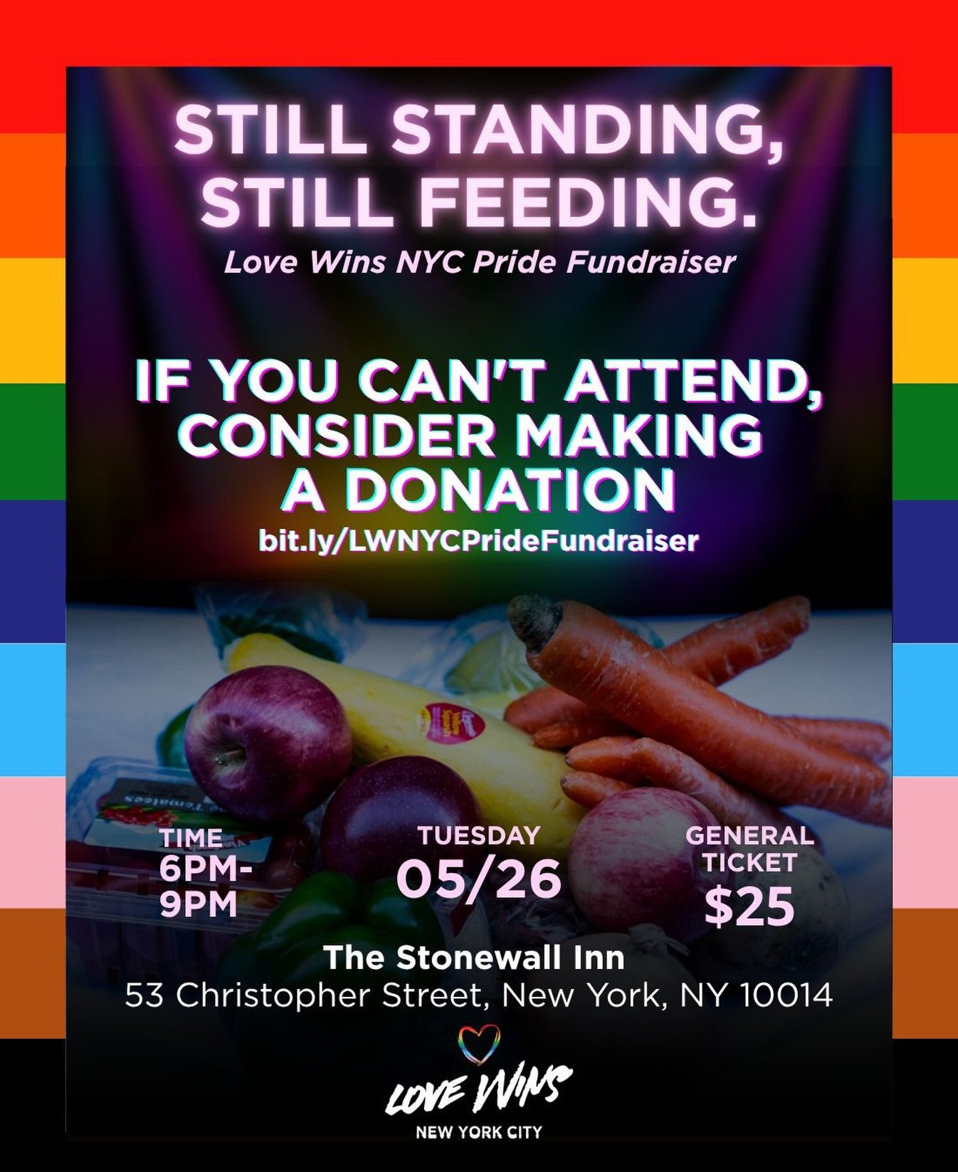 This month, Love Wins NYC presents its first Pride Fundraising event at The Stonewall Inn ❤️&zwj;🔥🌿.
If you can&rsquo;t attend, consider making a donation 💌💌💌.
The funds raised will help us continue strengthening access to food and supporting LG