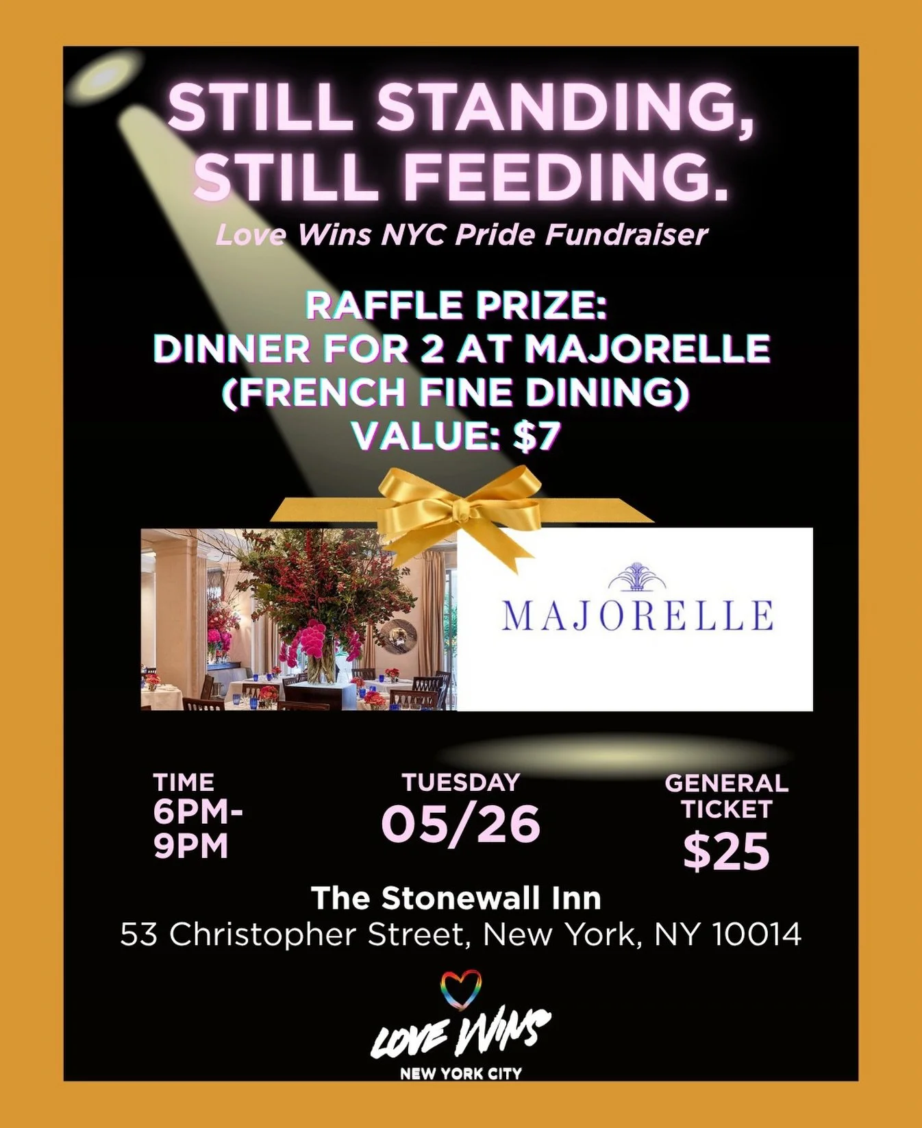 For just $7, enter our third raffle for a chance to win a dinner for 2 at Majorelle (French fine dining).

Winners will be announced during the event 🫶🤩

Thank you to Heiko Kuenstle, General Manager at The Lowell Hotel, for the generous donation.