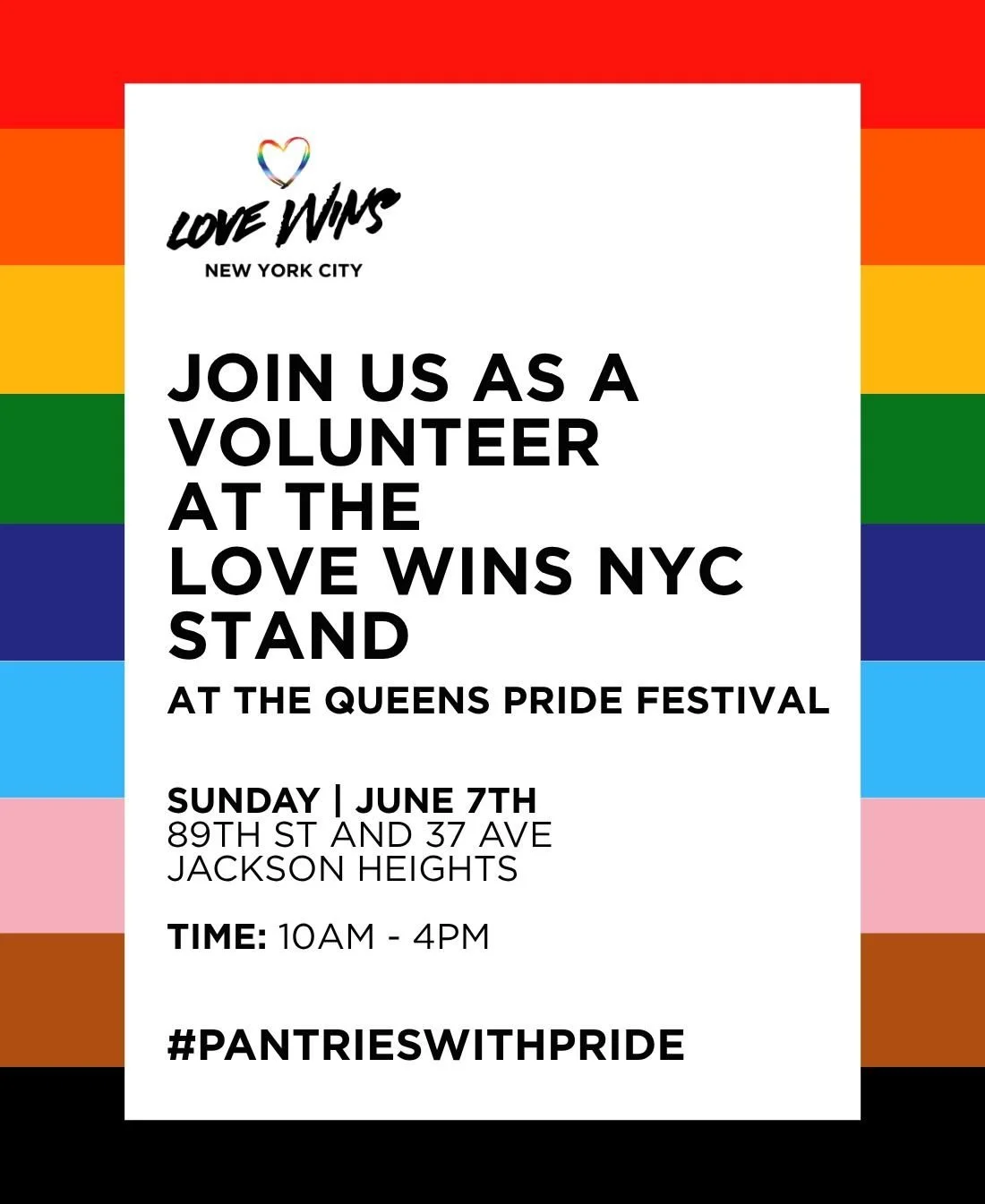This June 7th, let&rsquo;s welcome Pride season together. 🌈
Be part of our volunteer team at the Love Wins NYC stand and sign up through the link in our bio 🧡.