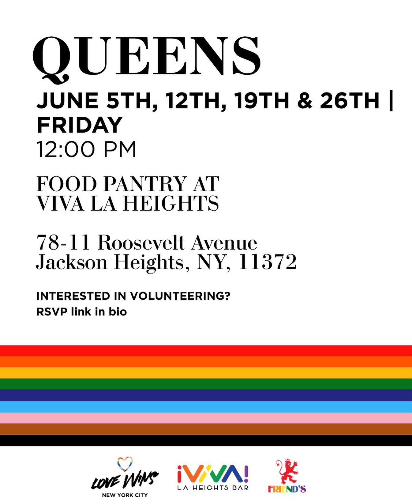 JUNE PANTRY DATES - Let&rsquo;s celebrate and welcome Pride Month together with additional food pantry distributions across Love Wins NYC&rsquo;s pantry sites.

Join us as a volunteer and help us feed New York with pride. Sign up through the link in 