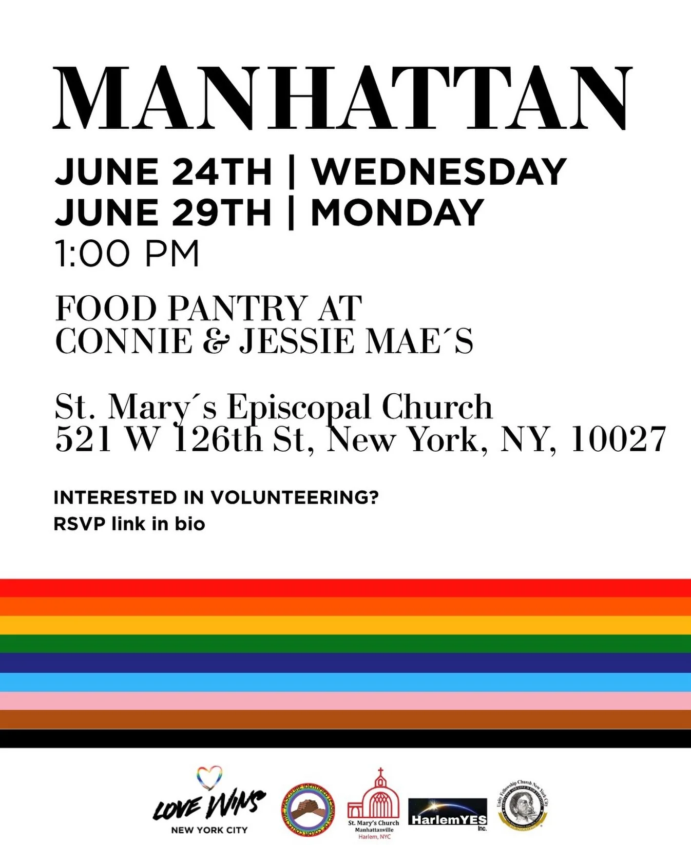 JUNE PANTRY DATES - Let&rsquo;s celebrate and welcome Pride Month together with additional food pantry distributions across Love Wins NYC&rsquo;s pantry sites.

Join us as a volunteer and help us feed New York with pride. Sign up through the link in 