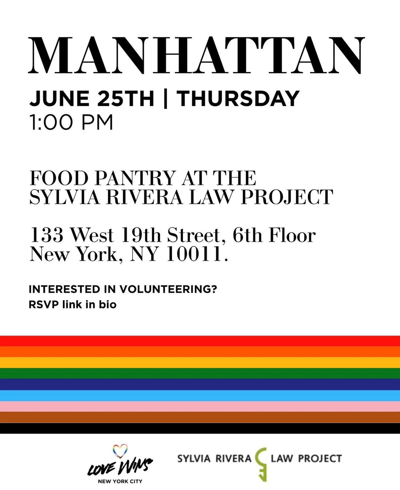 JUNE PANTRY DATES - Let&rsquo;s celebrate and welcome Pride Month together with additional food pantry distributions across Love Wins NYC&rsquo;s pantry sites.

Join us as a volunteer and help us feed New York with pride. Sign up through the link in 