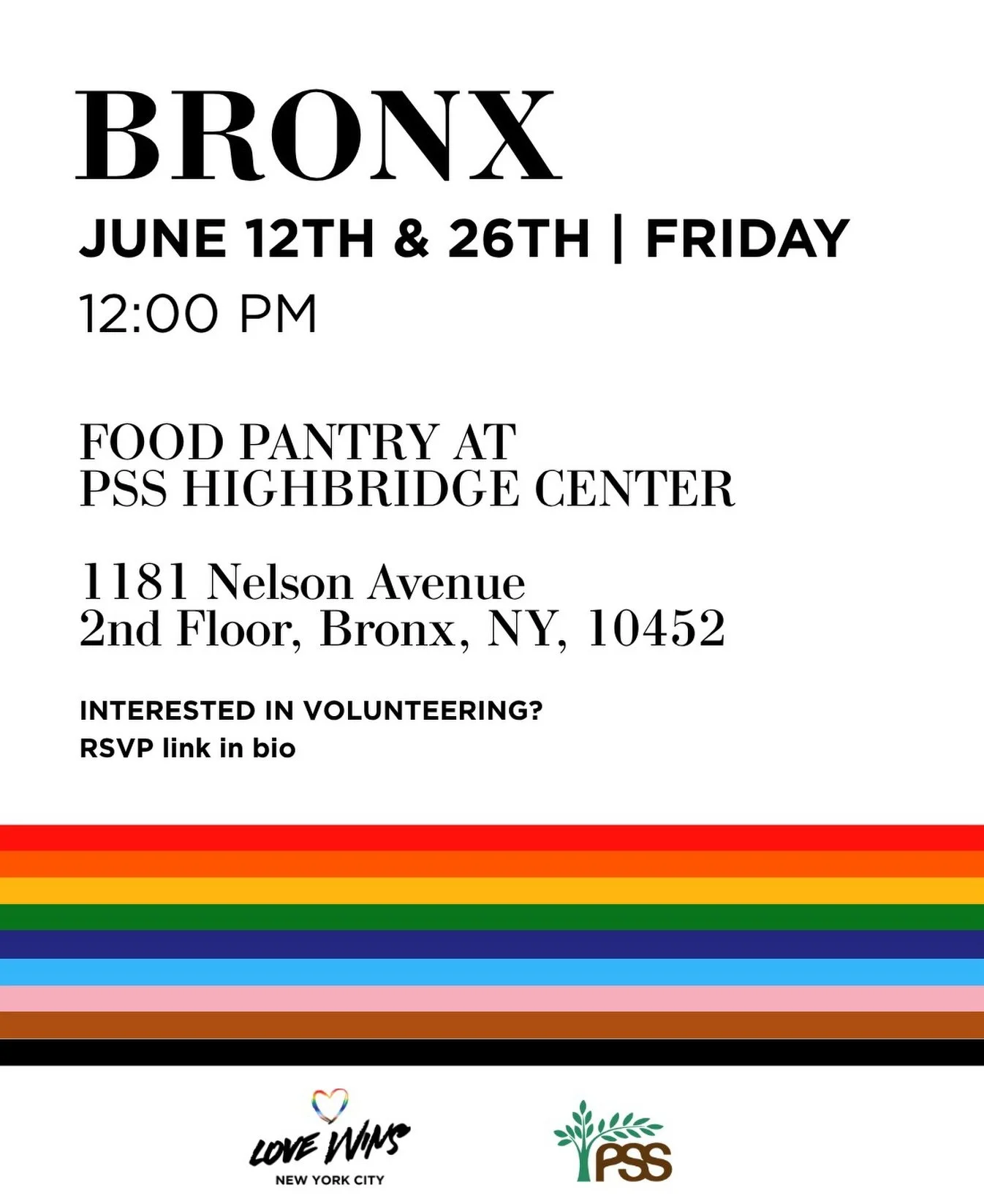 JUNE PANTRY DATES - Let&rsquo;s celebrate and welcome Pride Month together with additional food pantry distributions across Love Wins NYC&rsquo;s pantry sites.

Join us as a volunteer and help us feed New York with pride. Sign up through the link in 