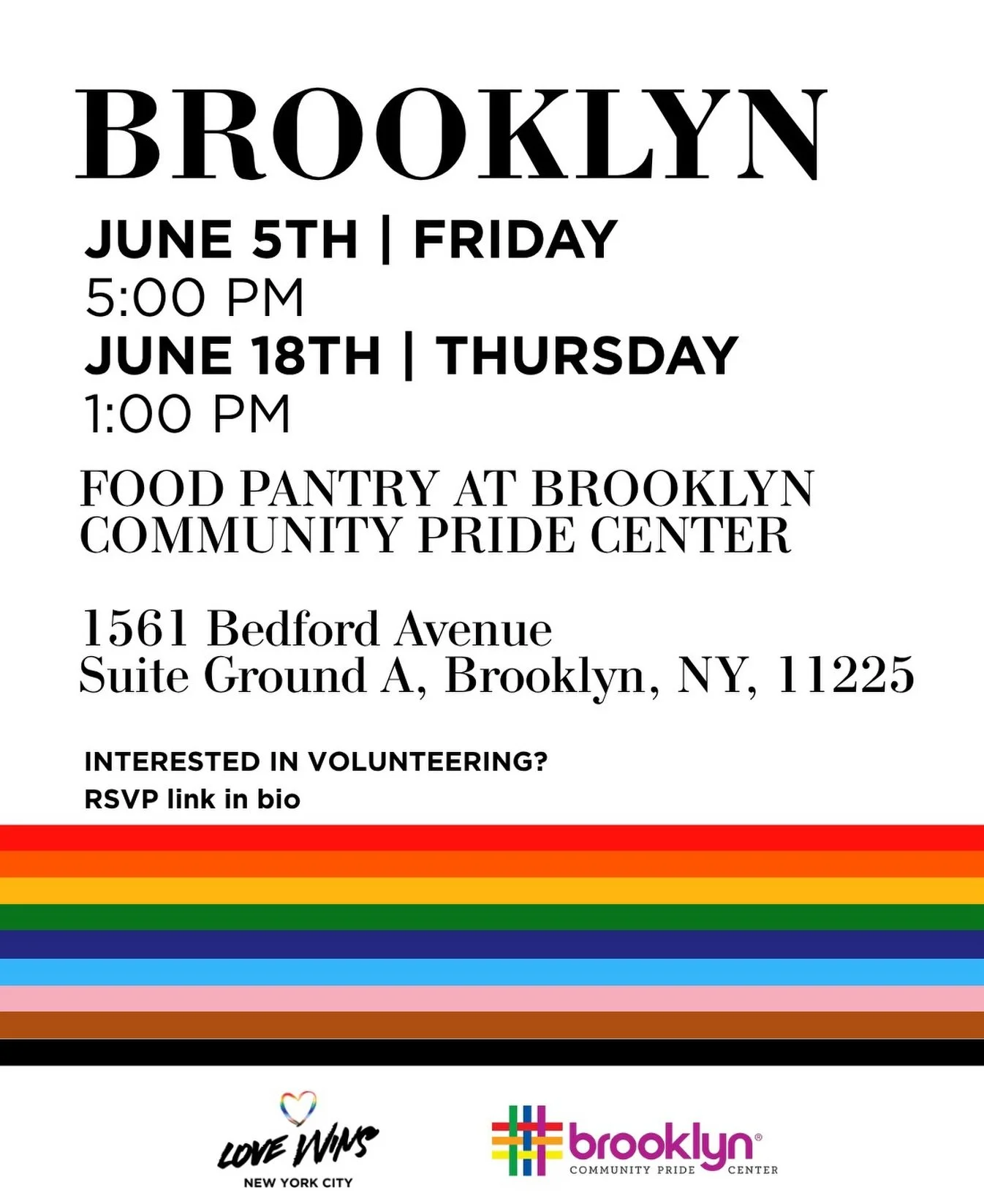 JUNE PANTRY DATES - Let&rsquo;s celebrate and welcome Pride Month together with additional food pantry distributions across Love Wins NYC&rsquo;s pantry sites.

Join us as a volunteer and help us feed New York with pride. Sign up through the link in 