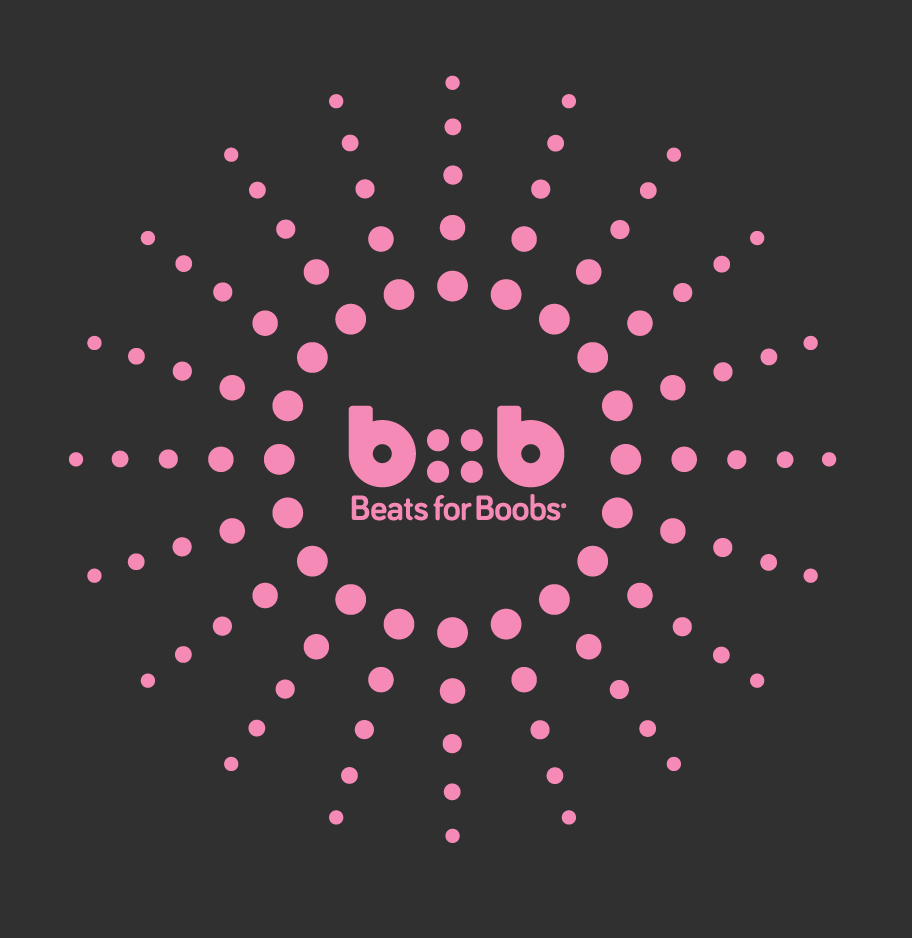 Beats for Boobs logo, in pink, encircled in a sunburst on dark gray background