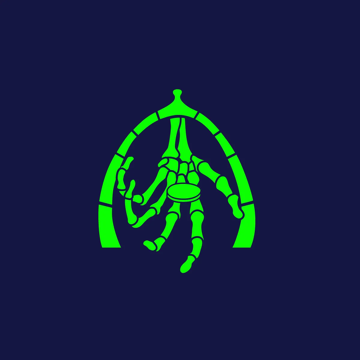 Logo I created for Charon, a large installation by artist Peter Hudson. Neon green shapes include wishbone, open skeleton hand holding coin in center, all on a navy blue background.