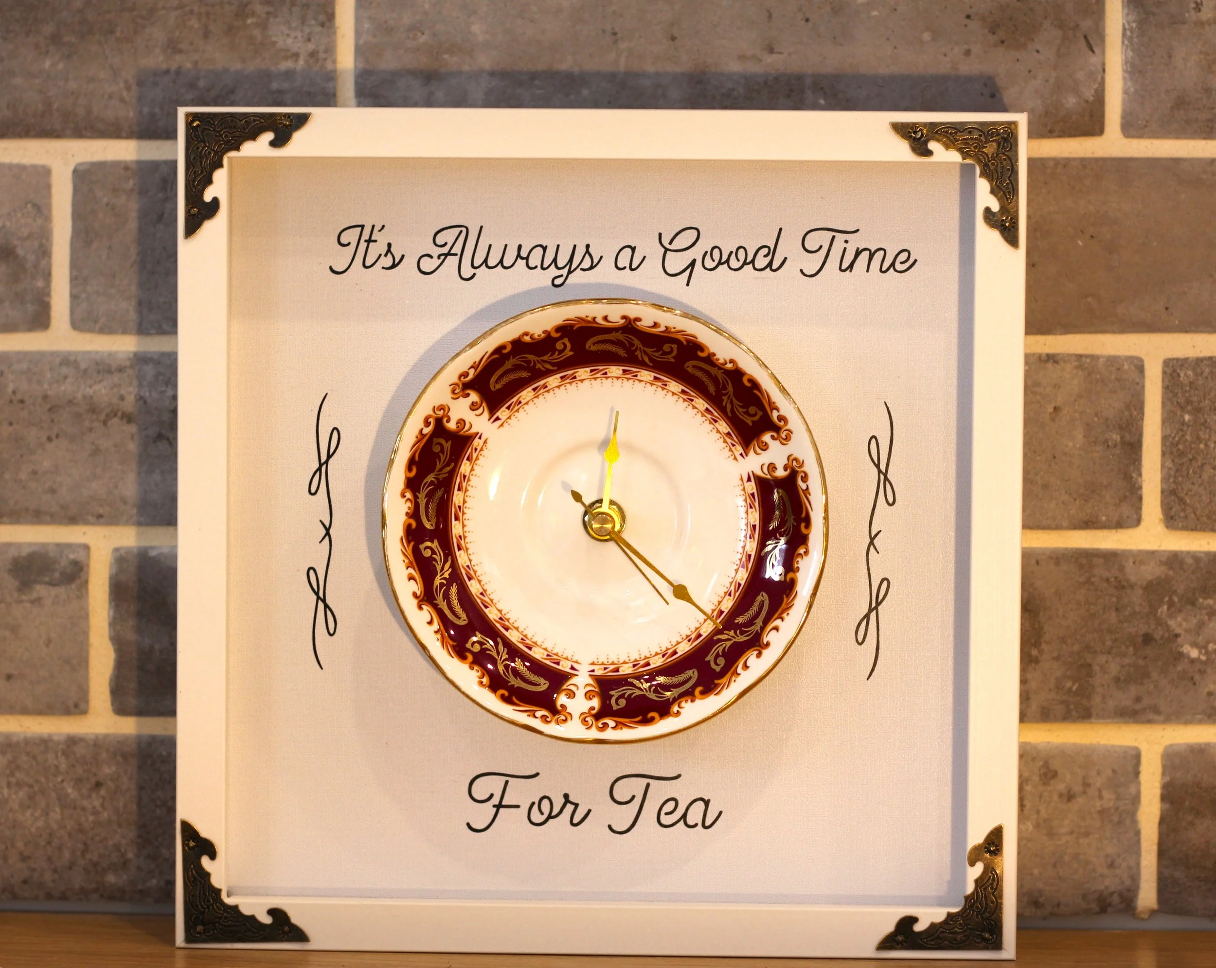 Tea time clock deep red & gold border.JPG