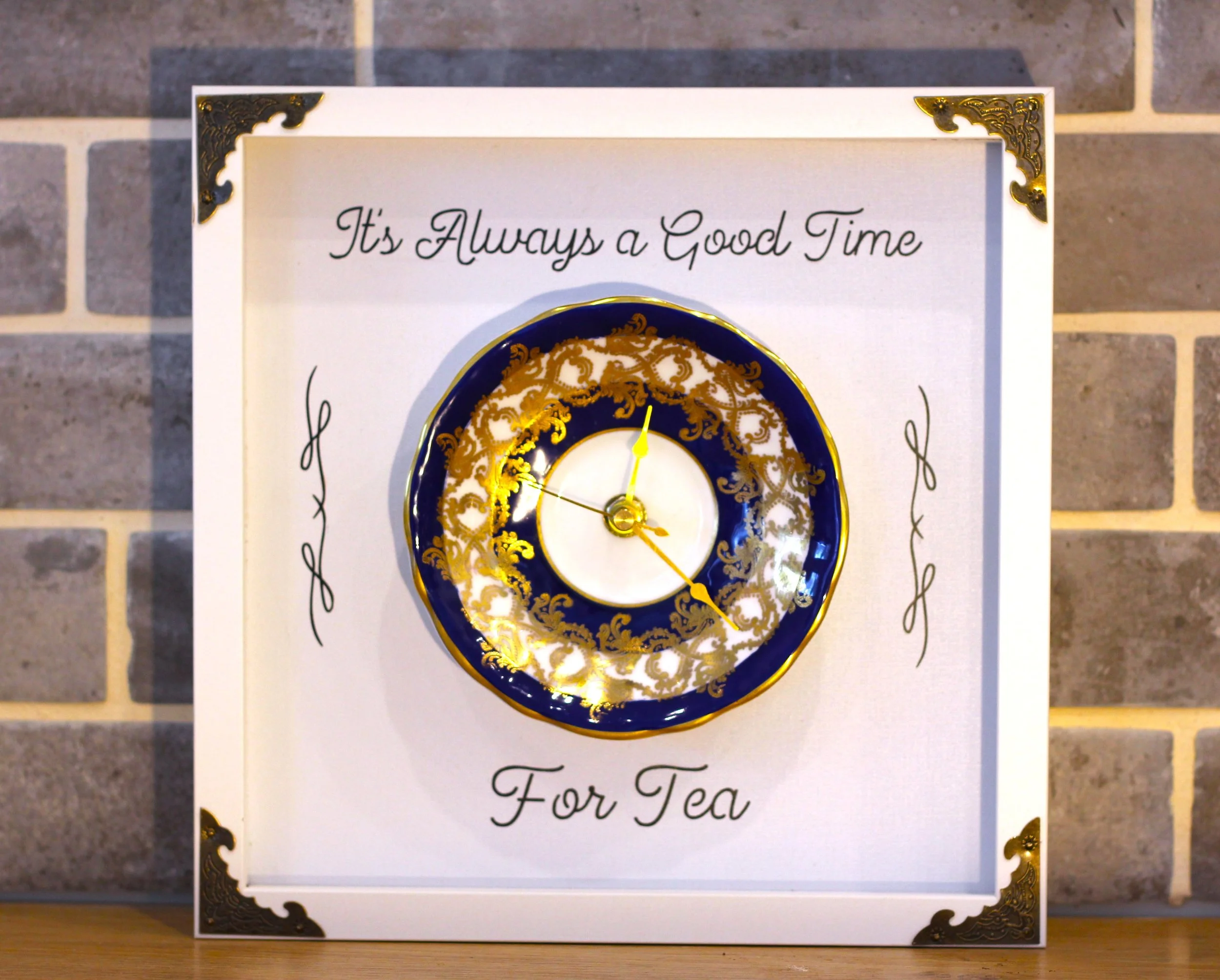 Tea time clock Navy border with gold.JPG