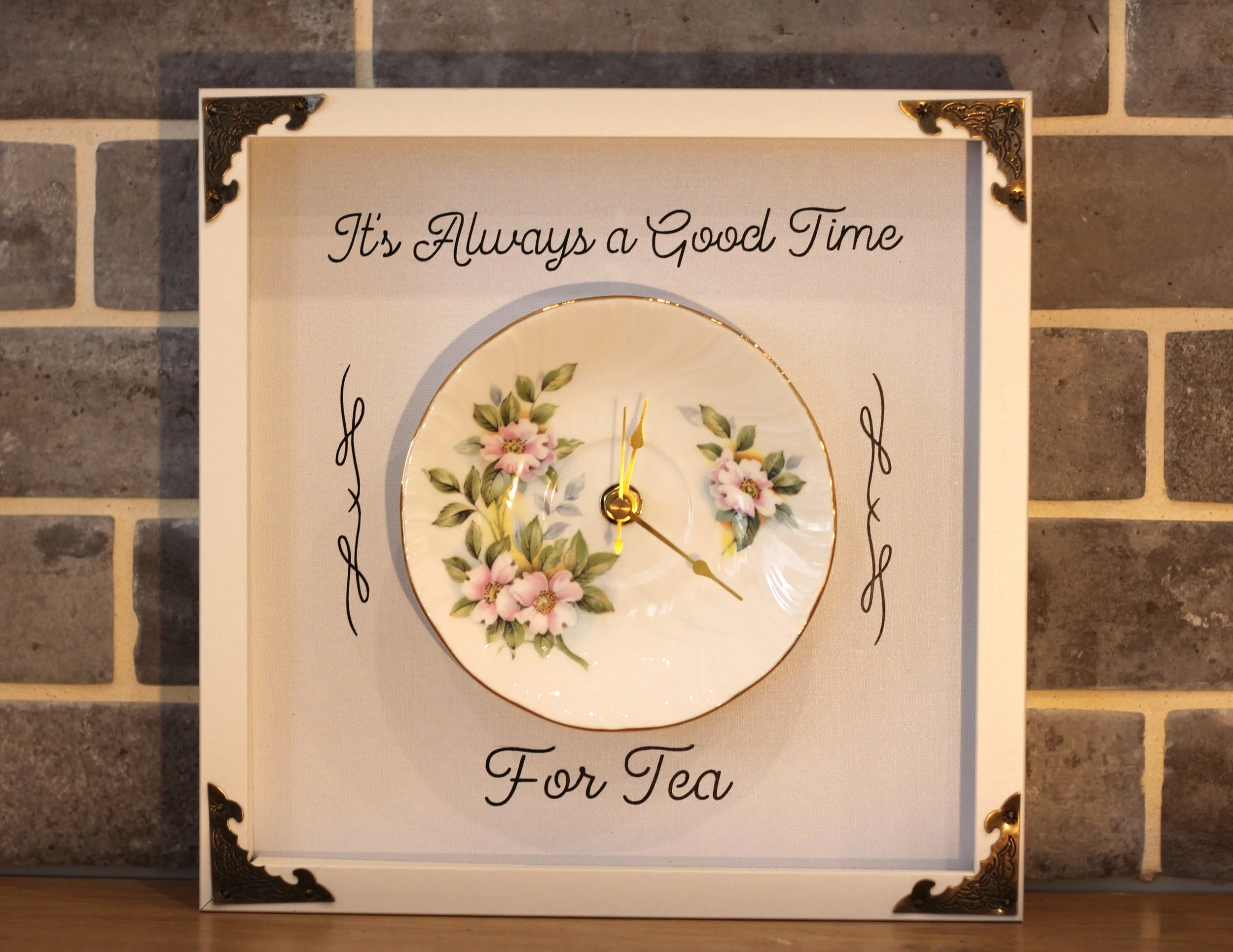 Tea time clock with pastel green & pink flowers.JPG