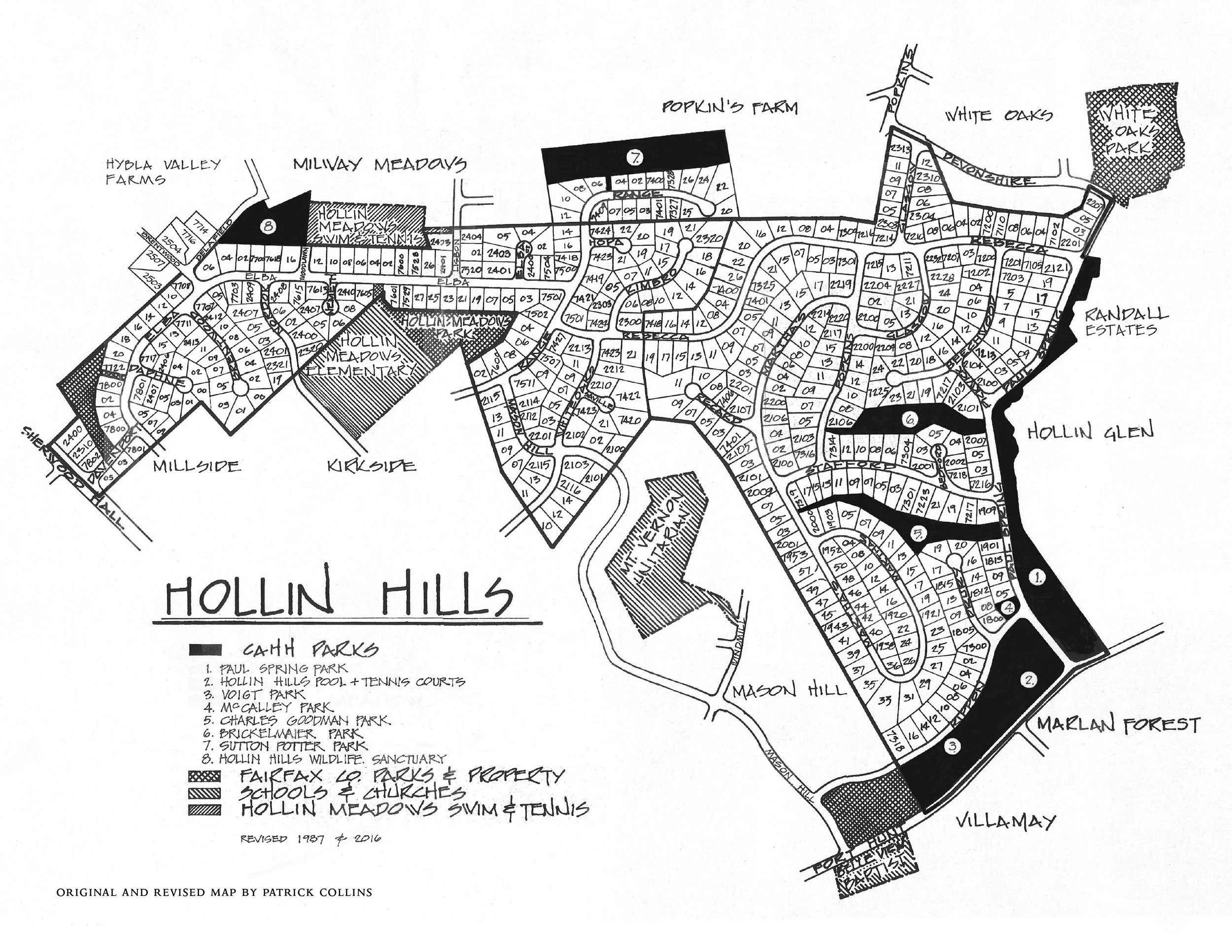 A detailed map of Hollin Hills, located in Alexandria, VA, by Patrick Collins