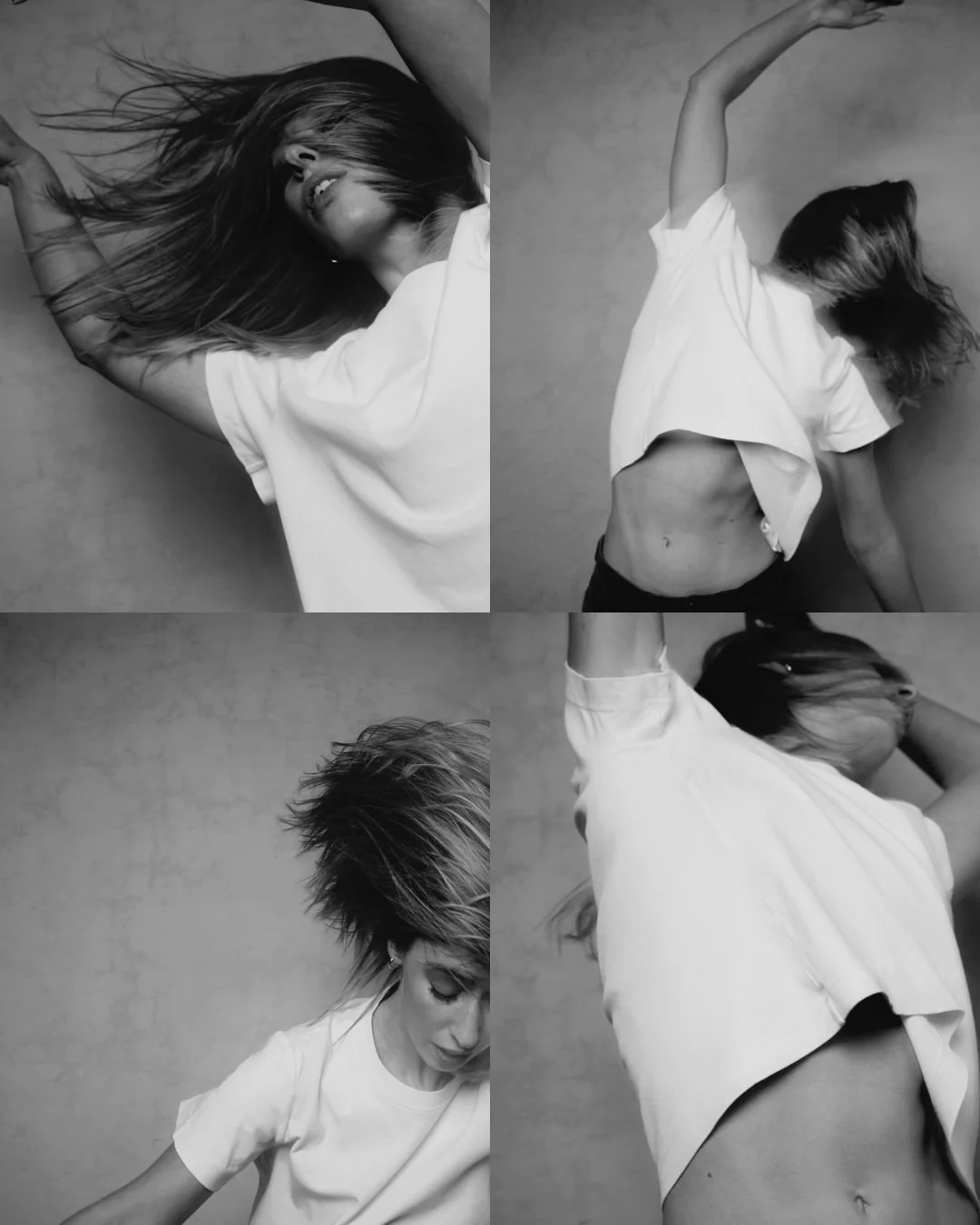 A collage of four black and white photos of a woman with short hair, wearing a loose white t-shirt, posing against a plain background. She is in various dynamic poses, with her hair flowing and her head tilted in different directions.