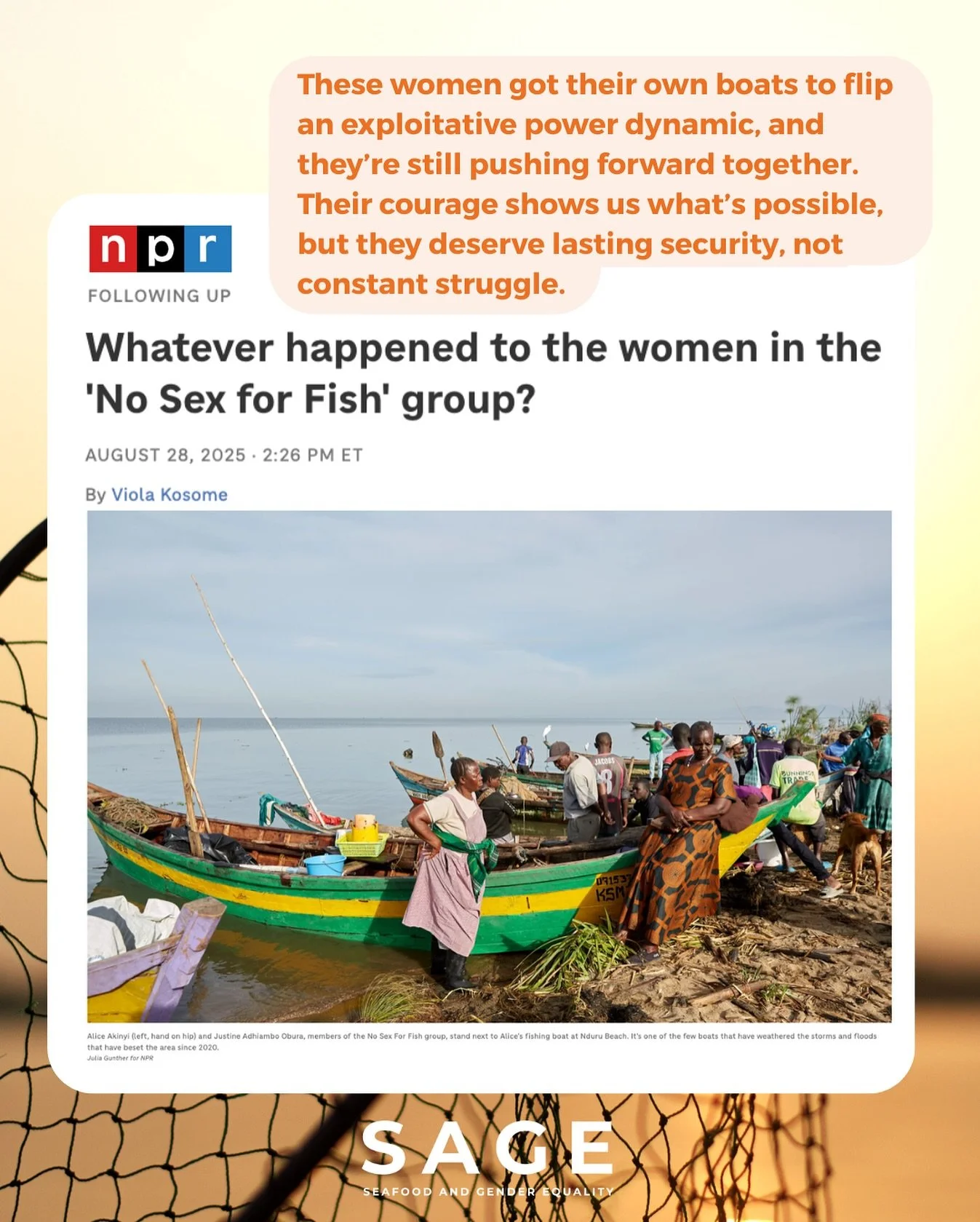It&rsquo;s rare to see global outlets circle back years later. Shout out to NPR for checking in on the women of the &lsquo;No Sex for Fish&rsquo; group. Their story didn&rsquo;t end in 2019, and neither should our attention. 

Read the @NPR article a