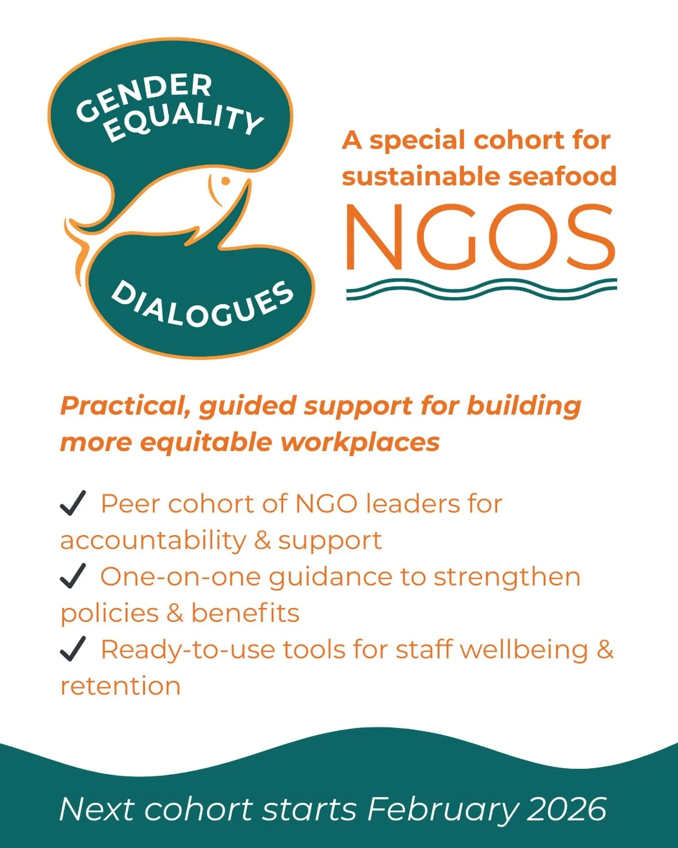 Sustainable seafood starts with people. 

Our upcoming cohort of the Gender Equality Dialogues (GED) is designed specifically for 𝗦𝗨𝗦𝗧𝗔𝗜𝗡𝗔𝗕𝗟𝗘 𝗦𝗘𝗔𝗙𝗢𝗢𝗗 𝗡𝗚𝗢𝗦, bringing together peer leaders who want to align internal culture with e