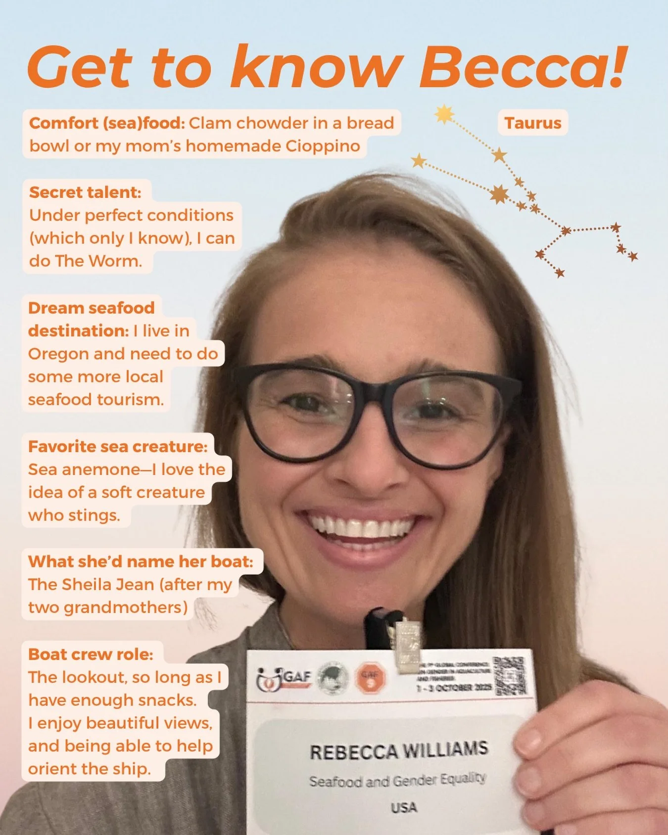 Happy birthday to Becca, our amazing Director of Gender Strategies! 🎉

Today, we&rsquo;re celebrating her and the unique perspective and care she brings to the seafood sector. 

🧡 Why she loves her role at SAGE: &ldquo;I get to be creative every da