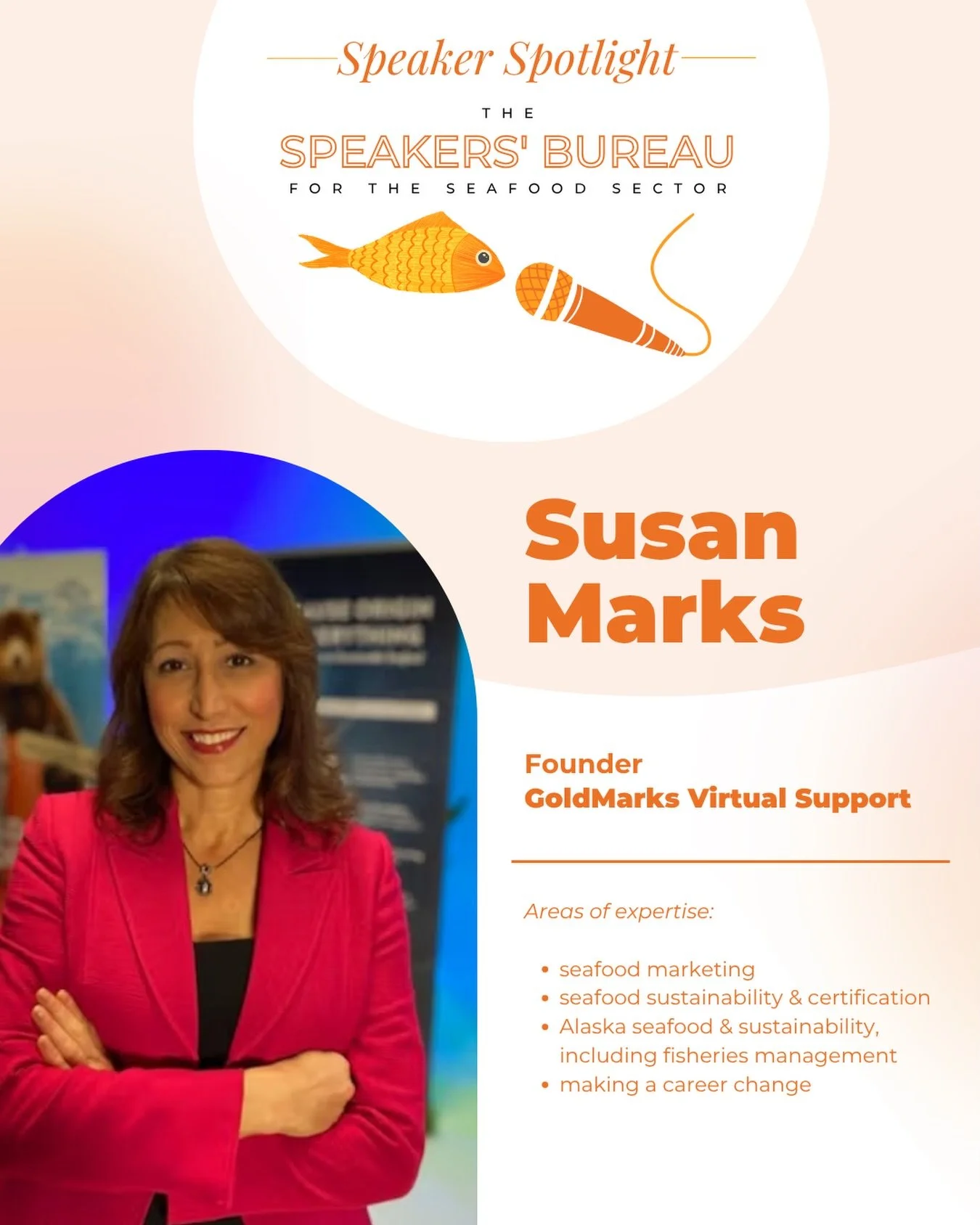Whether she's talking about seafood certification, Alaska fisheries, or career transitions, 𝗦𝗨𝗦𝗔𝗡 𝗠𝗔𝗥𝗞𝗦 has a knack for making complicated topics accessible.

Over the course of her career, Susan has worked across seafood marketing, sustain