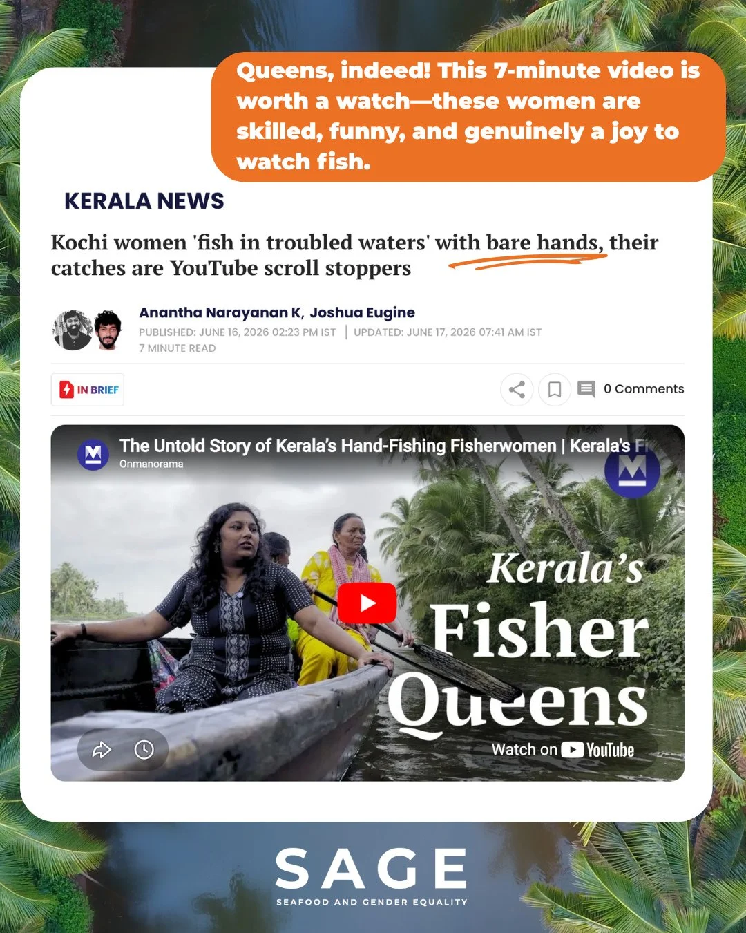 These women catch fish with their bare hands! 🐟⁠
⁠
They reach into rocky crevices underwater and feel around until something moves against their fingers. ⁠
⁠
It's called Thappi Pidikkal, and families along Kerala's backwaters in India have been doin