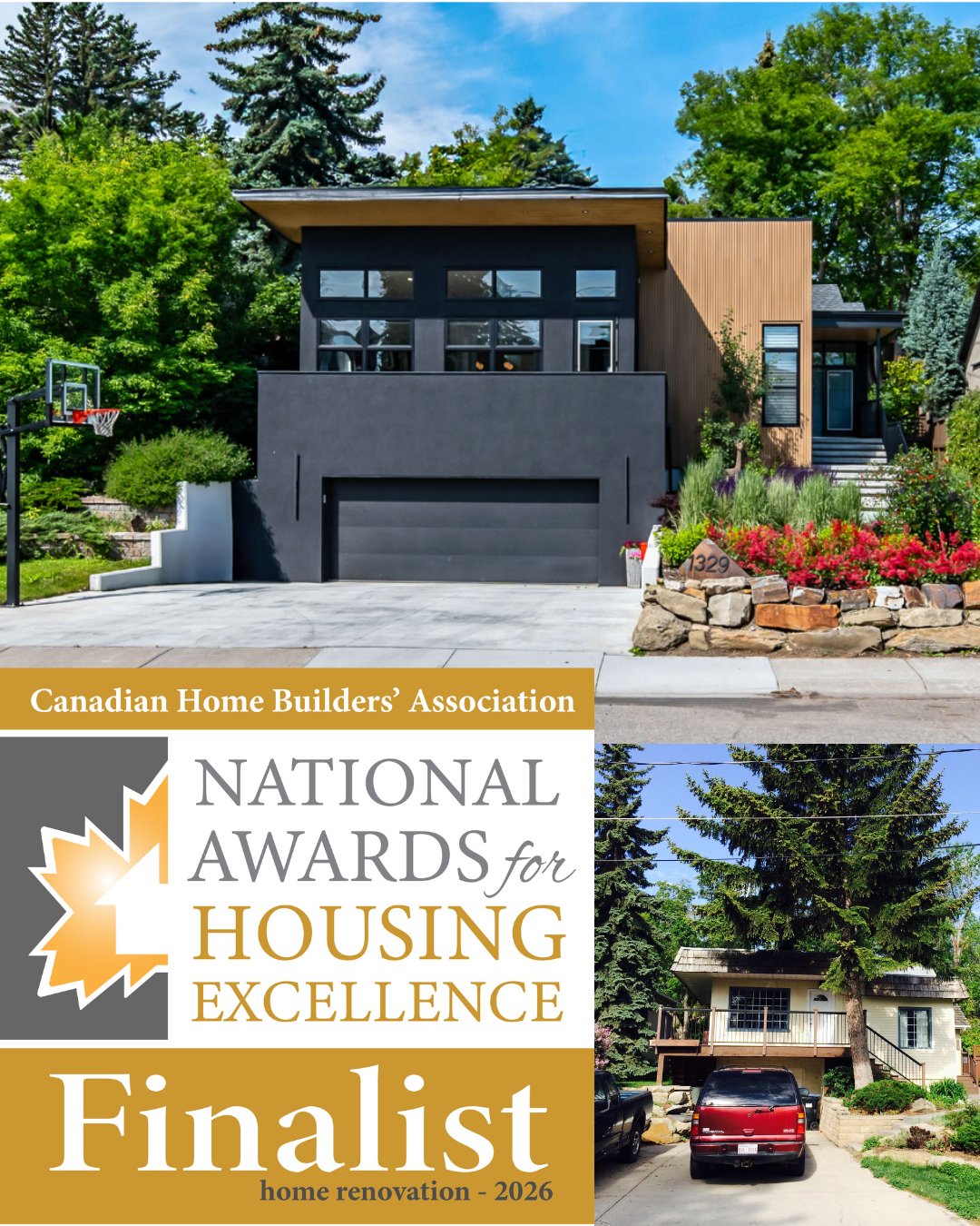 Modern custom home exterior in Calgary with wood accents and large front windows