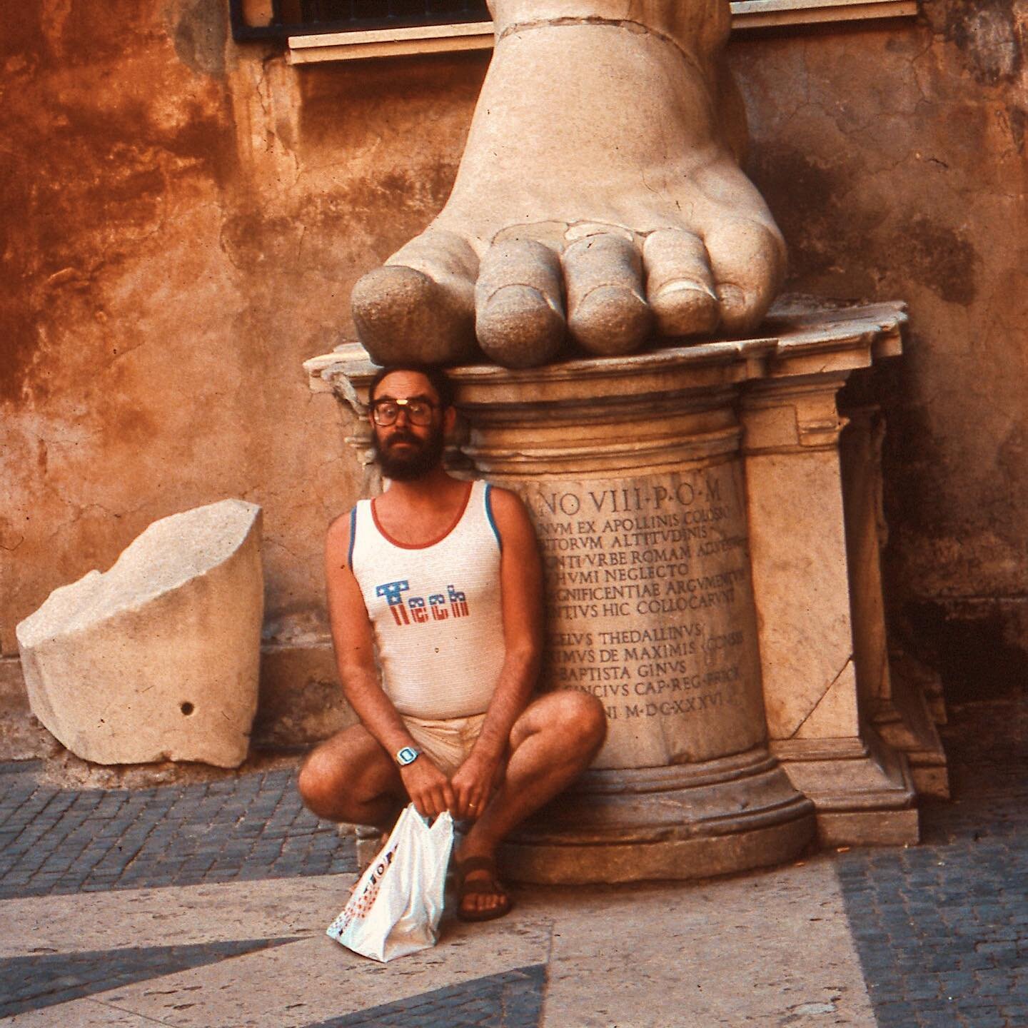 Some photos from my parent&rsquo;s trip to Italy in 1985. Photos in order:
1. My Dad making a funny face in front of an ancient foot 
2. Vintage Italian cars in the perfect color scheme
3. Dad with friends. Susan in this photo still lives in Rome and