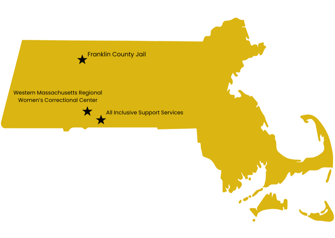 Map of Massachusetts highlighting three locations: Franklin County Jail, Western Massachusetts Regional Women's Correctional Center, and All Inclusive Support Services.
