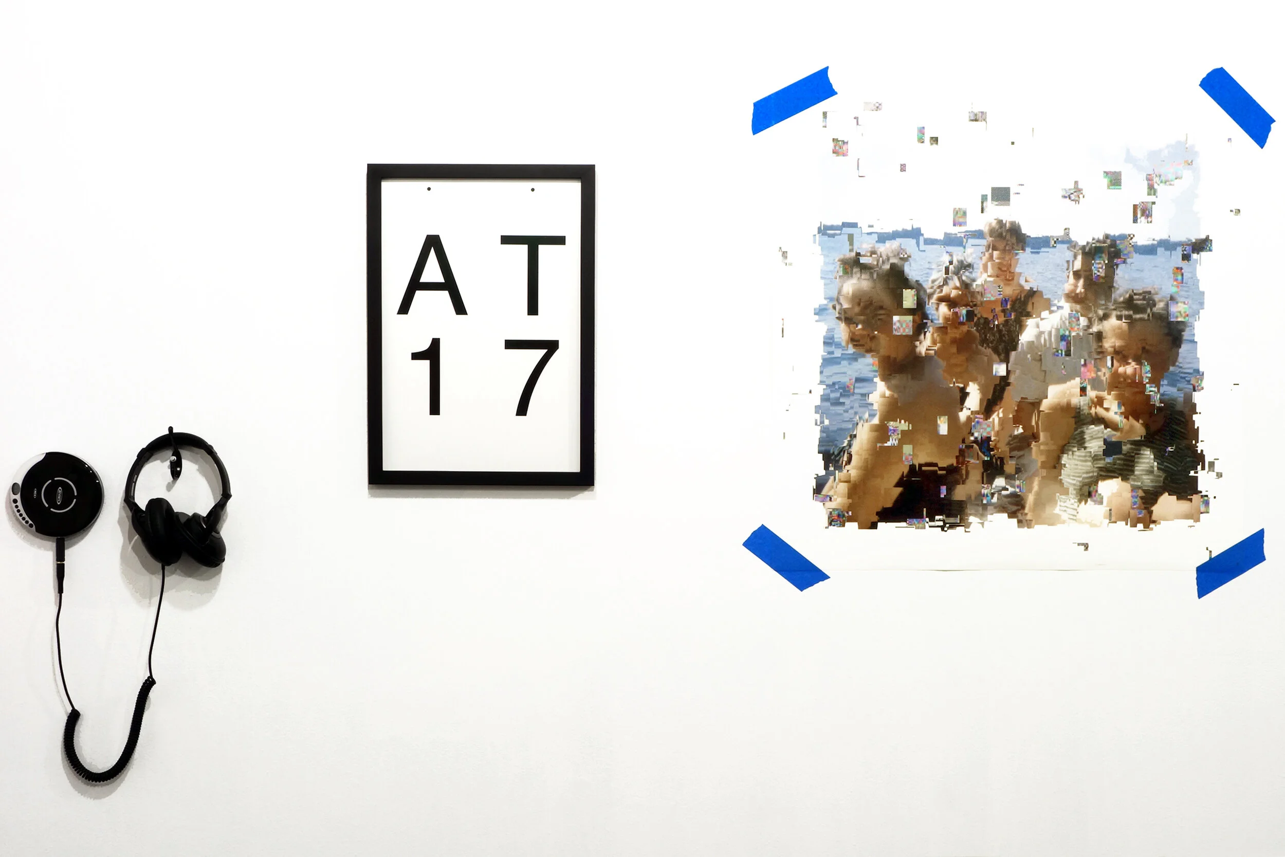 AT17, 2020, UV cured ink on vinyl, tape, handmade DASS inkjet transfer print on Legion optimized Yupo paper, wood frame, sound. Installation dimensions: variable