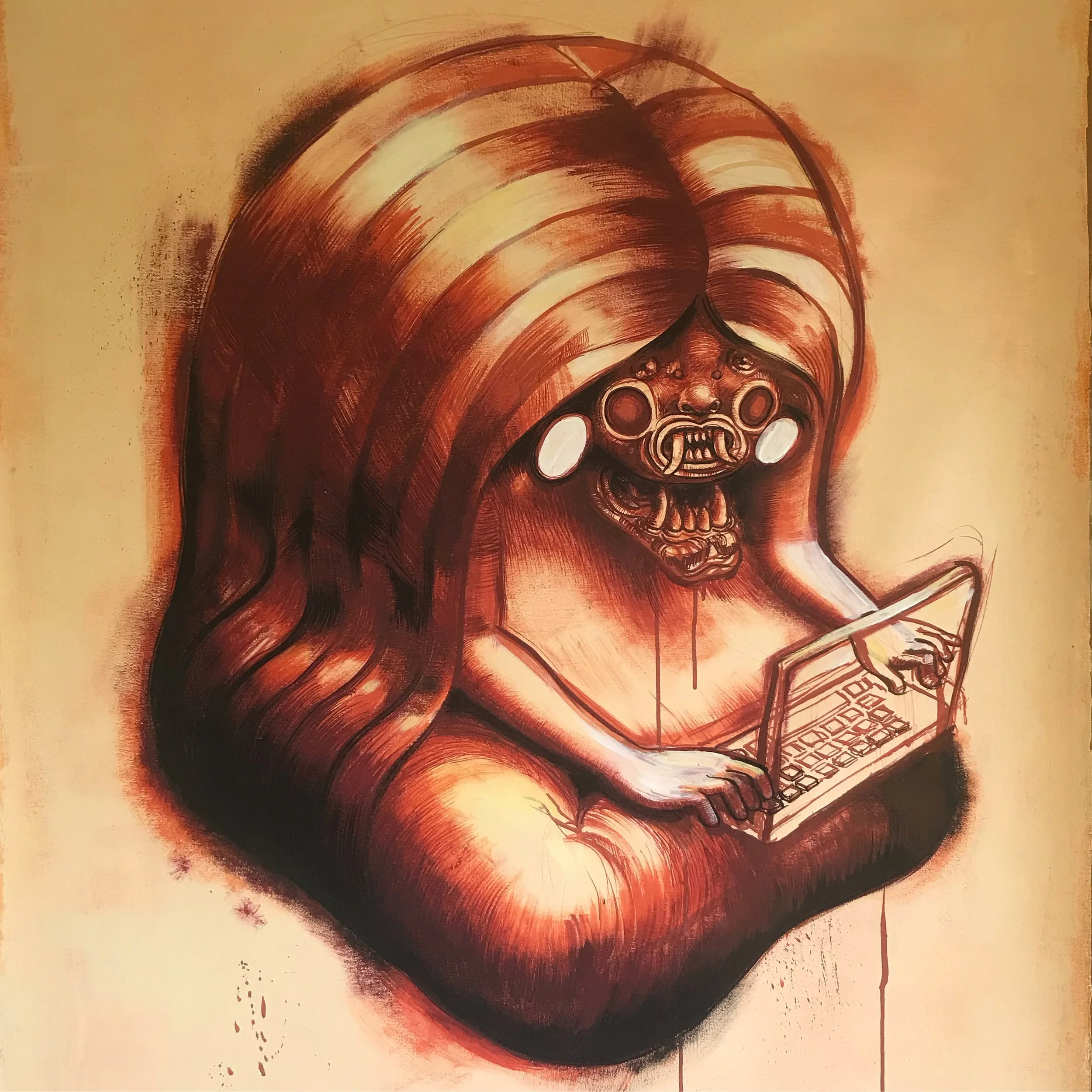 Street art painting of a stylized, monstrous figure with long hair, large earrings, and an open mouth with sharp teeth, using a laptop.