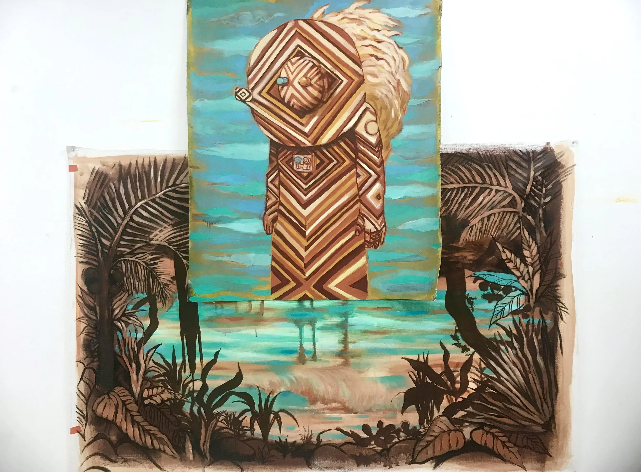 An abstract painting features a person with a face made of geometric shapes, surrounded by a background of blue water and sky. The person wears a complex patterned dress blending into the water, with large fluffy blonde hair. Two additional paintings of tropical landscapes with palm trees and water flank the central figure.