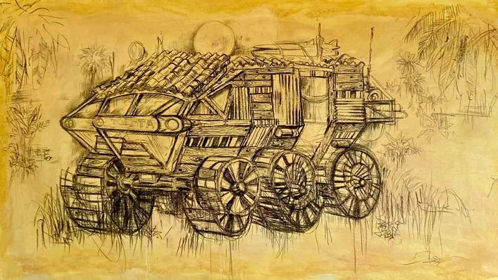 Sketch of a tank-like vehicle on a grassy landscape with trees, a full moon, and a building or ship in the background.