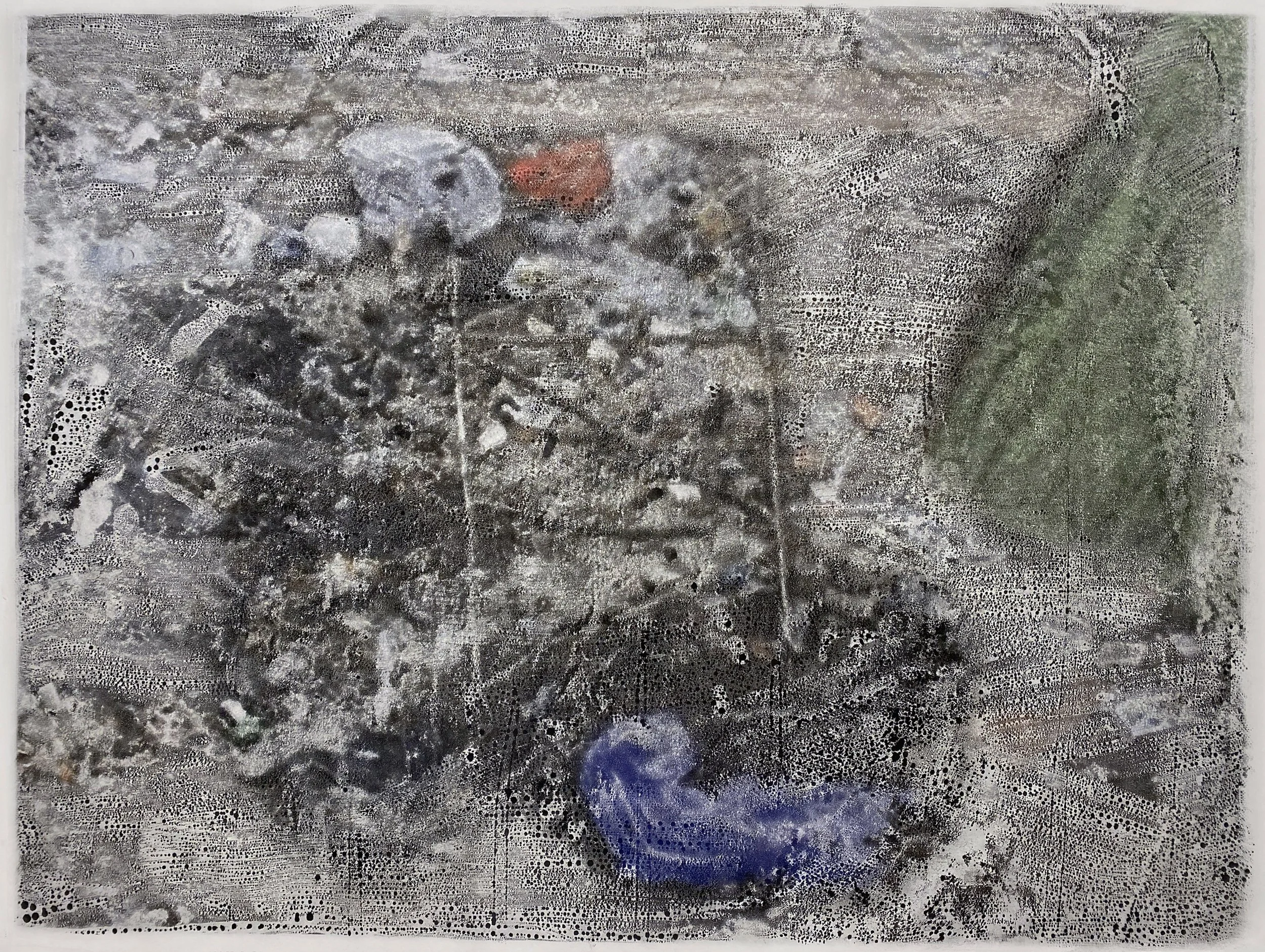 A textured surface with water droplets, foam, and scattered small objects, including a purple and a red item, with a predominant grayish tone.