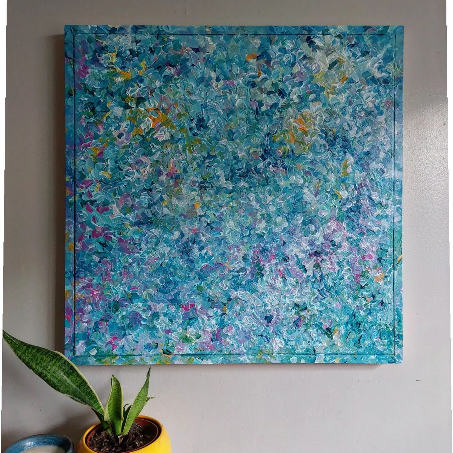 'Hydrangea Halo'
Acrylic on Canvas and Wood 
72 x 72 x 4 cms
&euro;275
Available 
DM for Enquiries 

I began this piece straight after the New Year began. Trying to keep between the frame and Canvas lines , was never going to work for me. So I went w