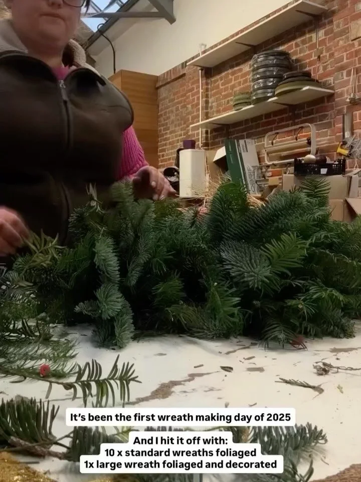 The 2025 wreathing season in all its glory:
79 wreaths made, + my chiropractor on speed dial,
Ribbons, foliage, wire &mdash; I never seem to tire.
Neck in knots, fingers sore,
But damn&hellip; they look so good on the door!