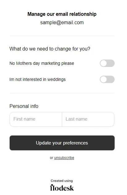 Cool email preference page options for florist email marketing that put the subscribers first