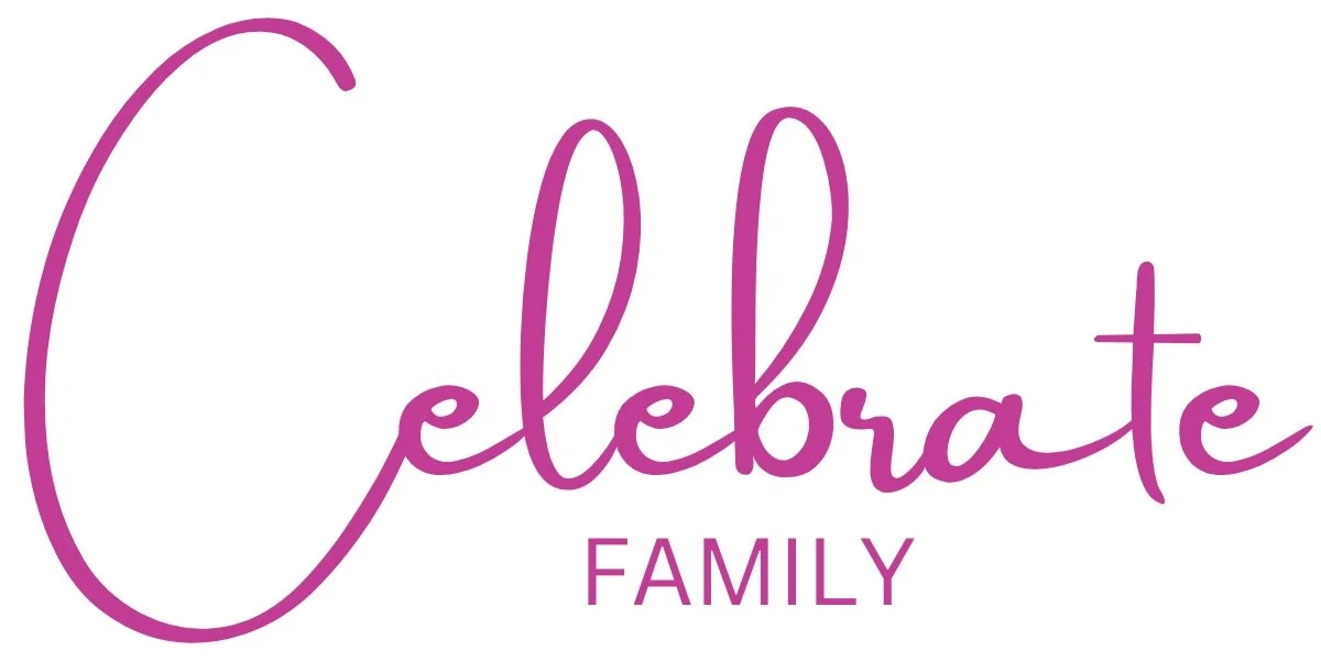 Purple handwritten-style text that says "Celebrate Family" on a white background.