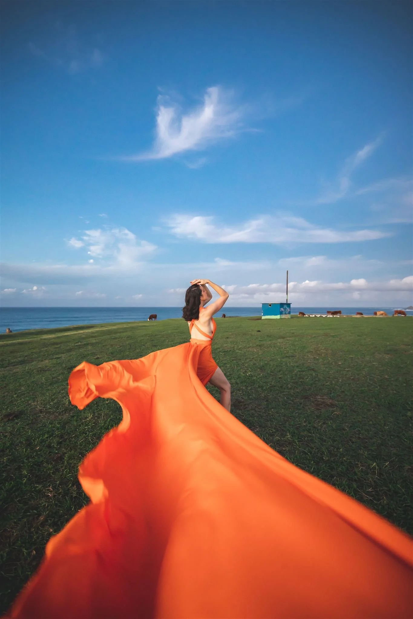 A woman in a flying orange dress standing on a grassy landscape near the maui, hawaii ocean under a partly cloudy sky.